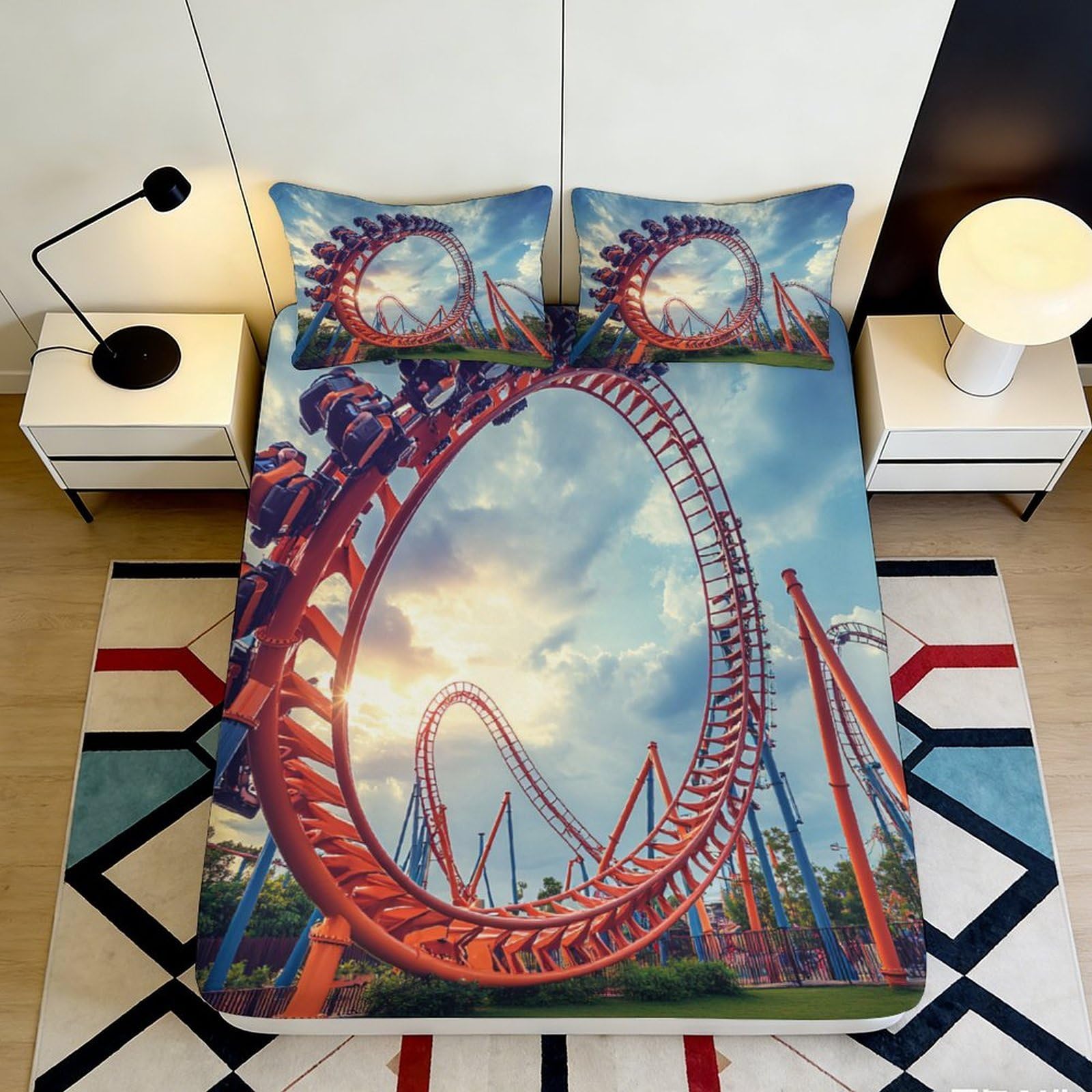 3D Printed Roller Coaster Fitted Sheet Microfiber Soft Red Track Bed Cover for Bedroom Dorm Room Mattress Protection Decor 90x200x25cm