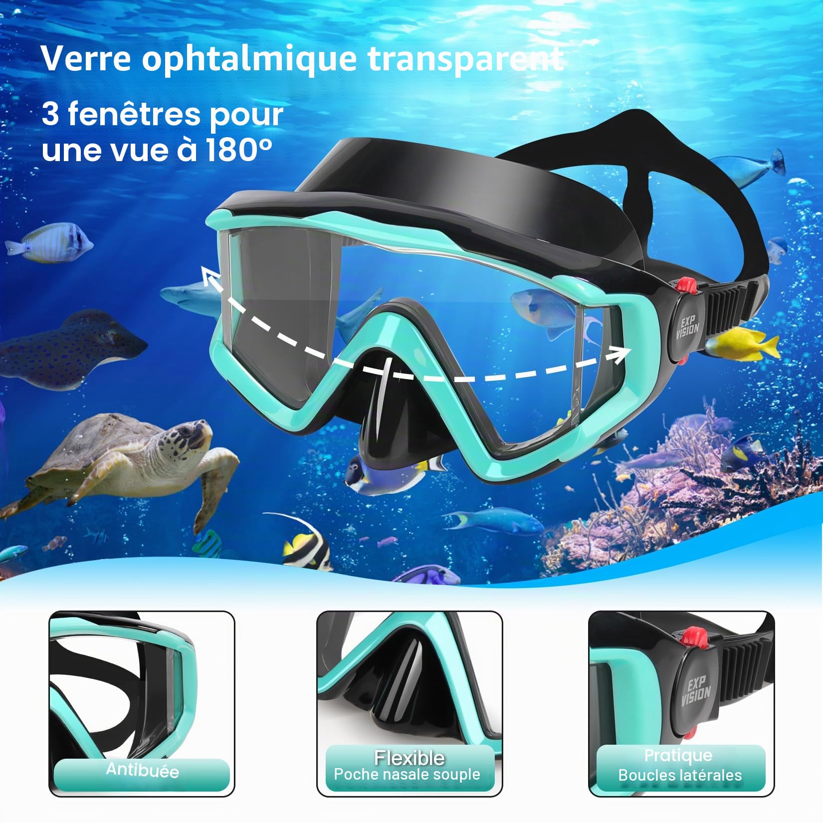 Masque de Plongée avec Tuba Sec, Pano à 3 Fenêtres, Antibuée pour Adultes
