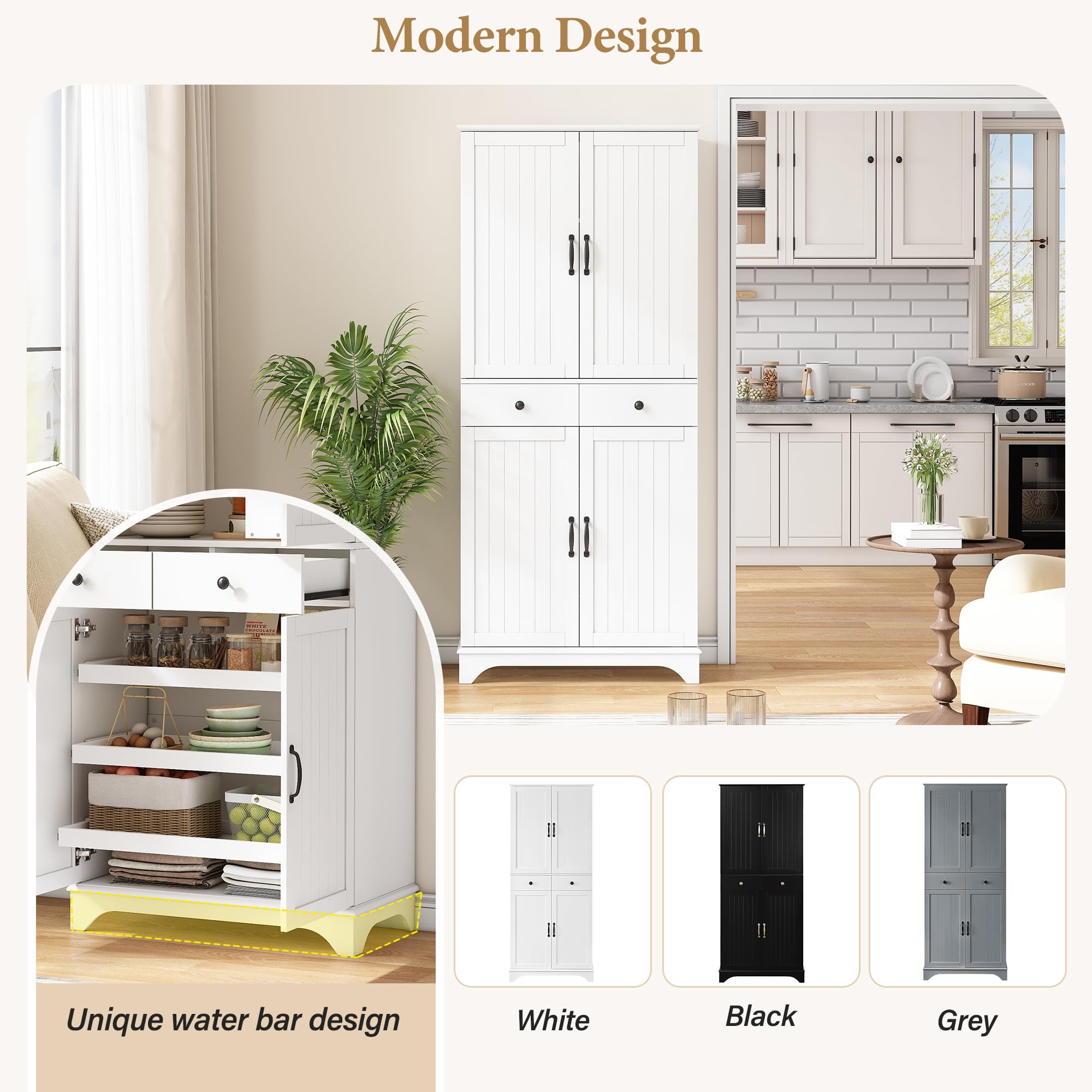 Armario alto con estantes ajustables y cajones, estantería con estantes extensibles y puertas de frigorífico, ideal para comedor, salón y cocina (color blanco)