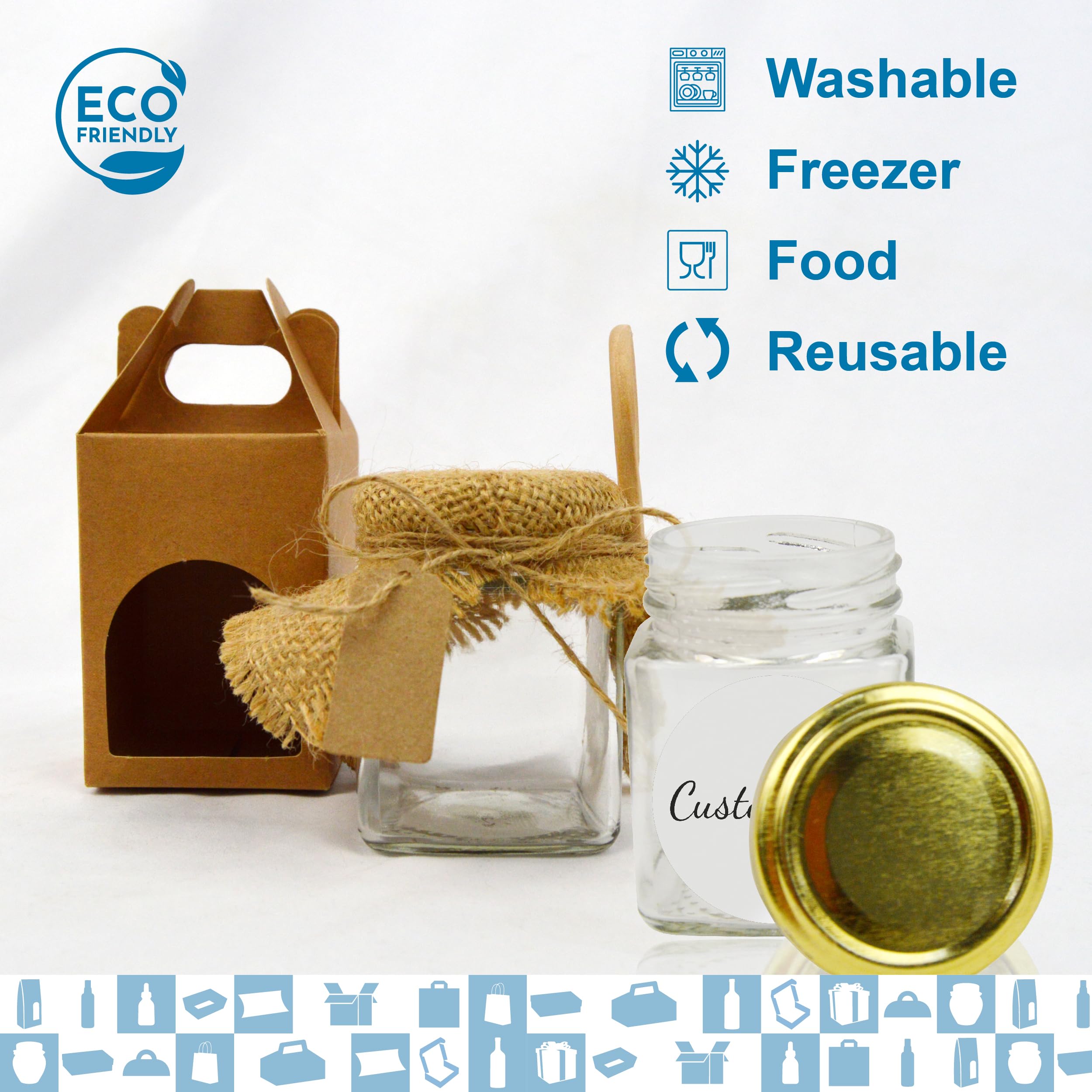 20 x Quadratisches Glas 150 ml mit Deckel + 20 Dosen + 20 Löffel aus Holz + 20 Etiketten aus Kraftpapier + 20 selbstklebende Etiketten + Stoff und Juteschnur – Gewürze, Marmelade, Joghurt, 20 Stück