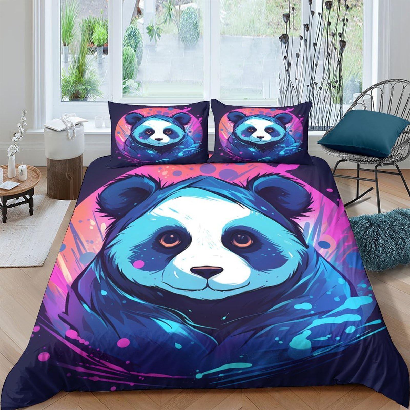 Ctjqhvkz Style-1 3D Printed Neon Panda Fitted Sheet Microfiber Soft Breathable Abstract Art Bed Cover For Bedroom Dorm Mattress Decor Single（135X200cm）