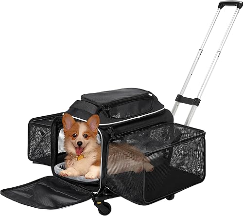 Transportador de mascotas con ruedas aprobado por aerolíneas - Transportador extra espacioso con forro suave 18 x 11 x 11 pulgadas (negro, lados