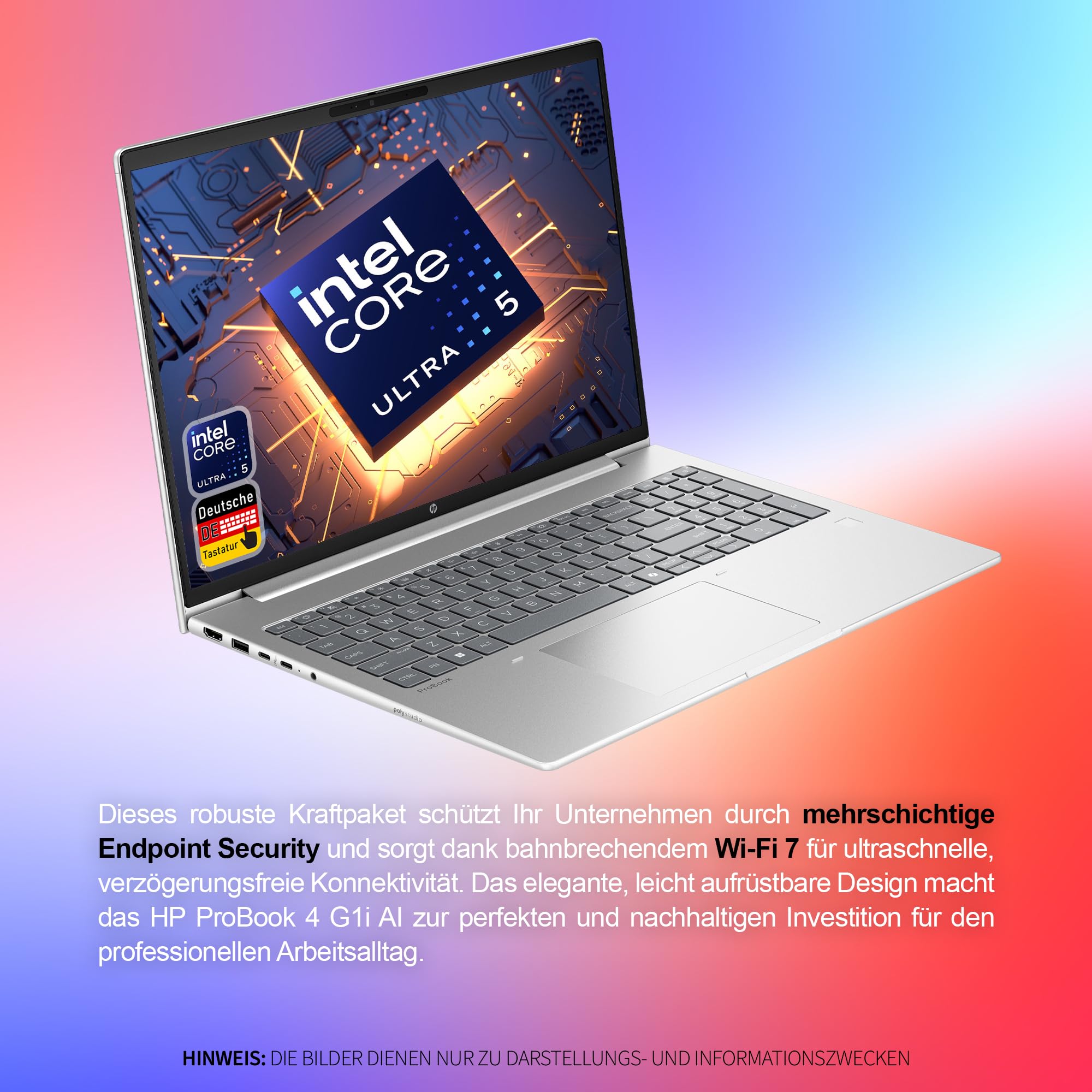 HP ProBook 4 G1i AI Business Laptop, Intel Core Ultra 5 225U, 16 GB DDR5 RAM, 512 GB SSD, 16" WUXGA IPS (1920x1200), Fingerprint, Deutsches Tastatur Layout, Windows 11 Pro, Silber