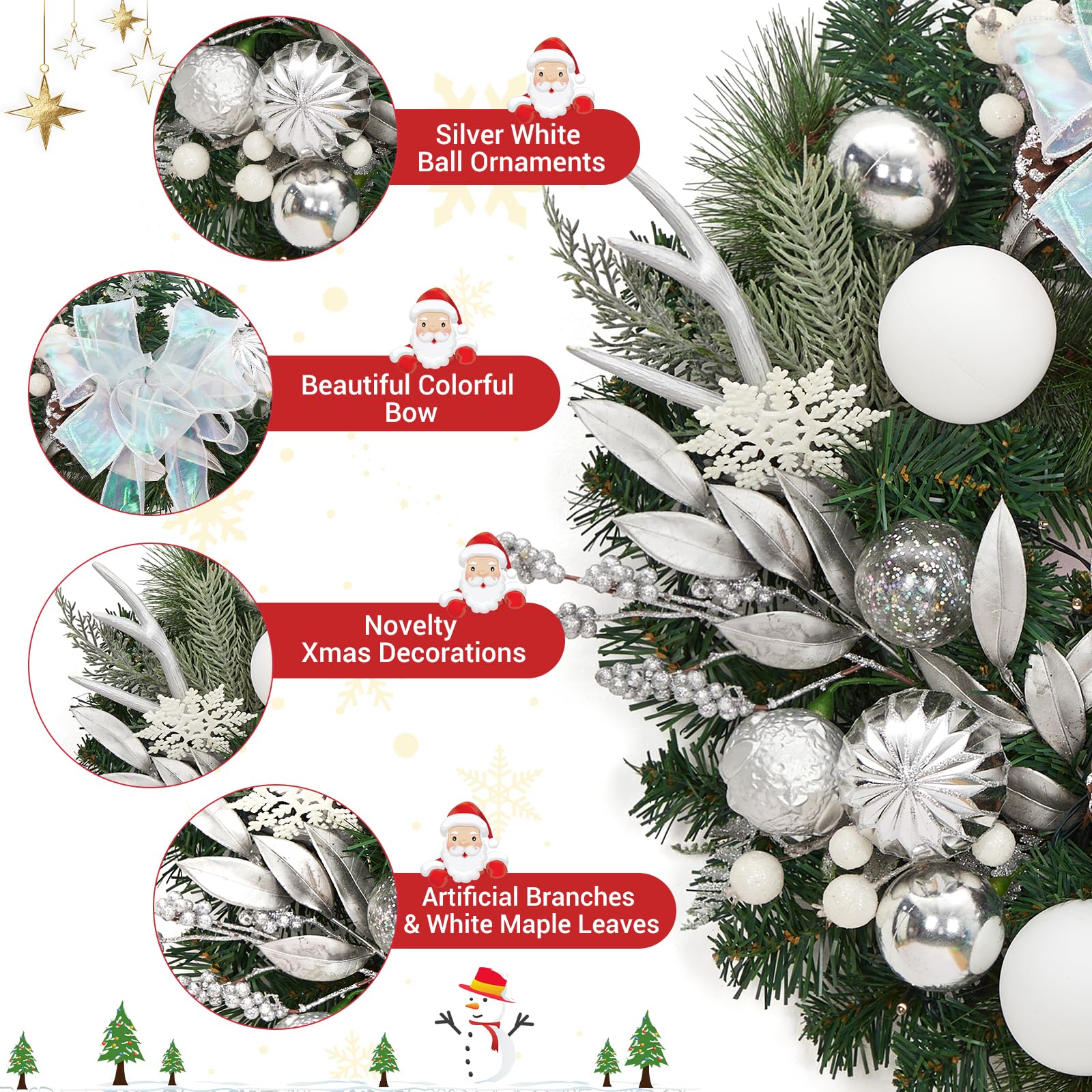 Couronne de Noël pré-éclairée pour Porte d'entrée, 61 cm, Couronne de Noël Lumineuse avec 20 lumières LED à Piles, décoration de Vacances pour Mur extérieur, cheminée