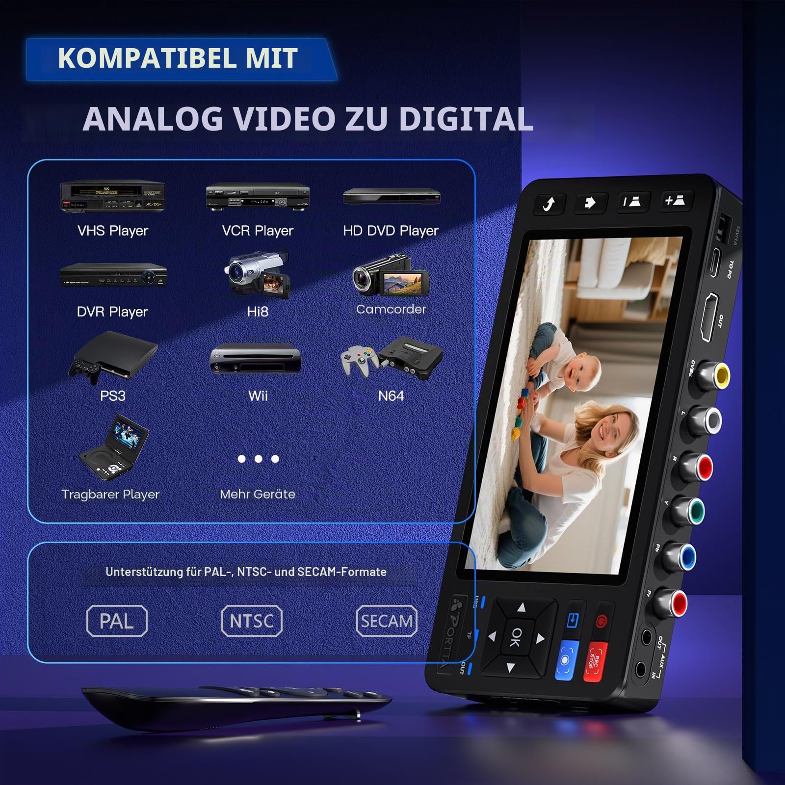Portta VHS to Digital Converter, Videokassetten Digitalisieren with 5" LCD & Remote, Compatible with VHS, VCR, DVR, DVD, Hi8, Mini DV, Camcorder, Cassette Tape, Gaming Consoles