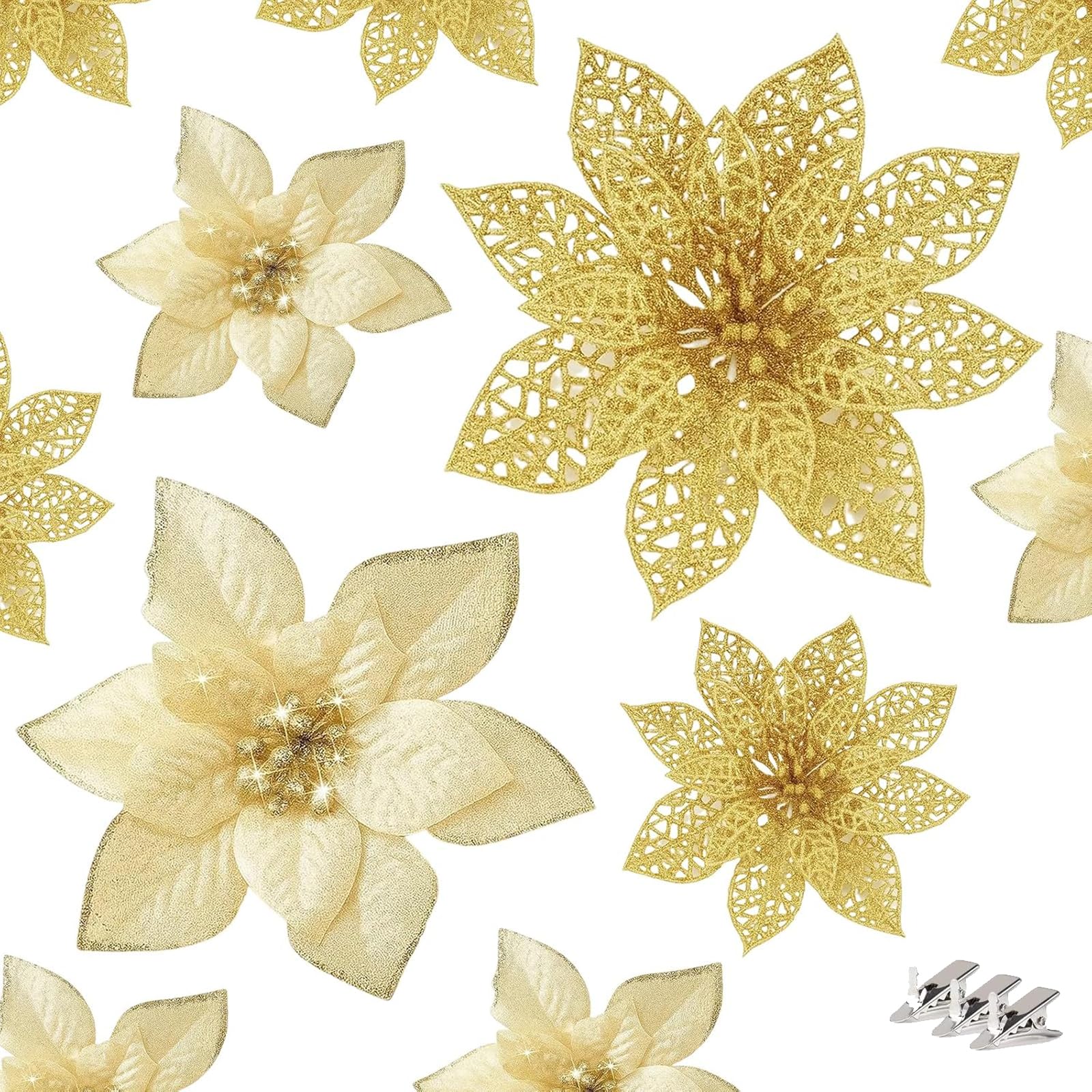 16 Pieces Artificial Christmas Flowers Decorations Poinsettia Christmas Glitter Wedding Xmas Tree Ornaments Christmas Decorations with Clip and Stick, Gold