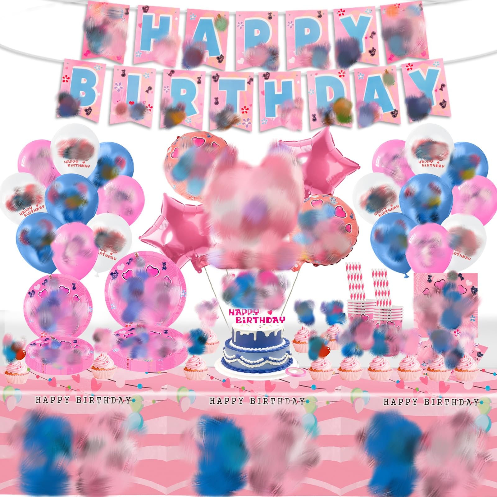 SDQ Balloon1 114Pcs Sti Birthday Party Decorations Supplies Set, Reusable Birthday Party Ballons Banner Paper Plates, Cups, Napkins and Tablecloth Sets for 10-20 Guests