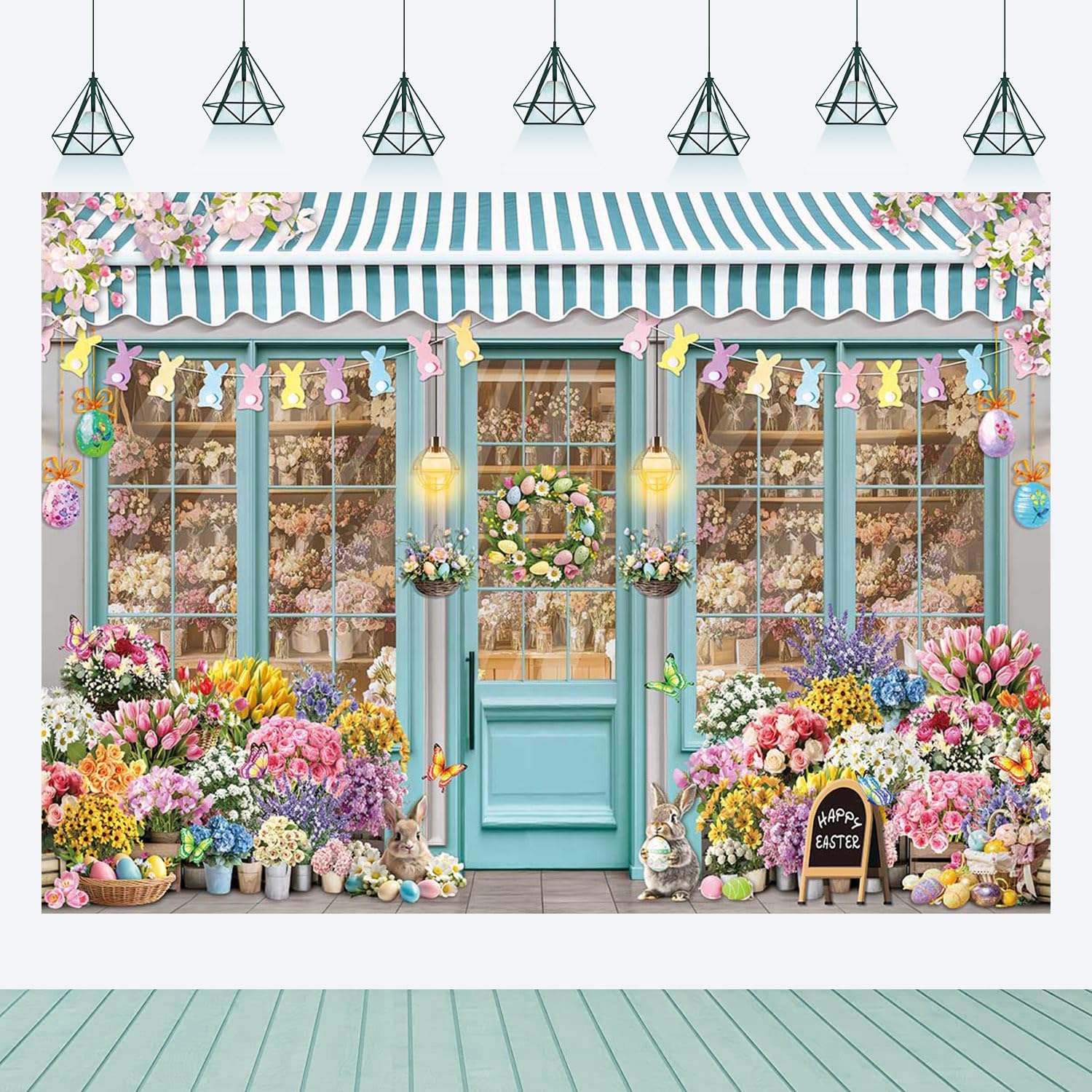 Easter Bunny Shop Backdrop Spring Flowers Shop Happy Easter Day Photoshoot Background Colorful Tulips Floral Market Party Decoration Banner Booth Props (10x8FT(120x96 inch))