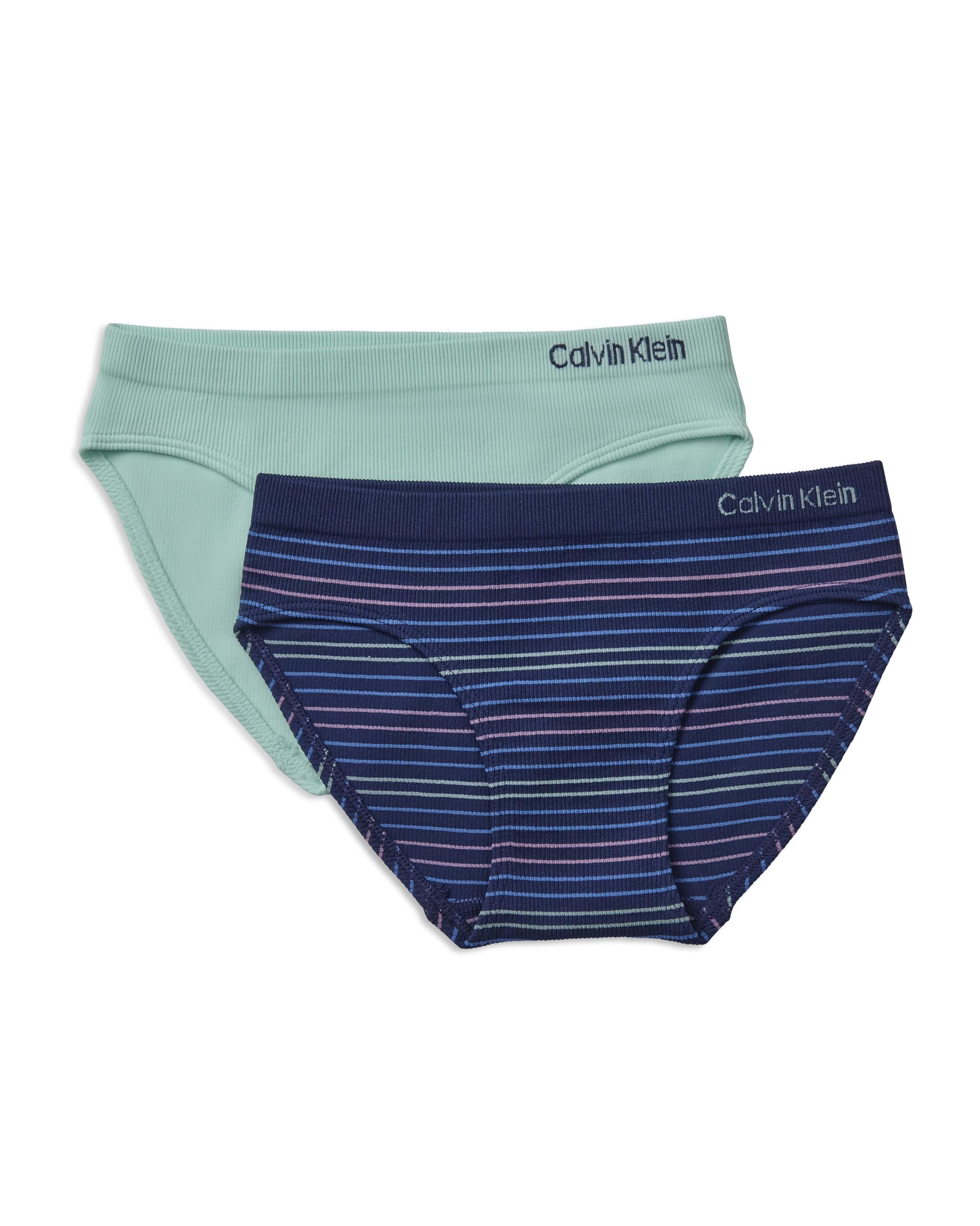 Calvin Klein Kids Girls Modern Cotton Bikini Underwear 2-Pack Navy Calvin Stripes Blue Tint Large