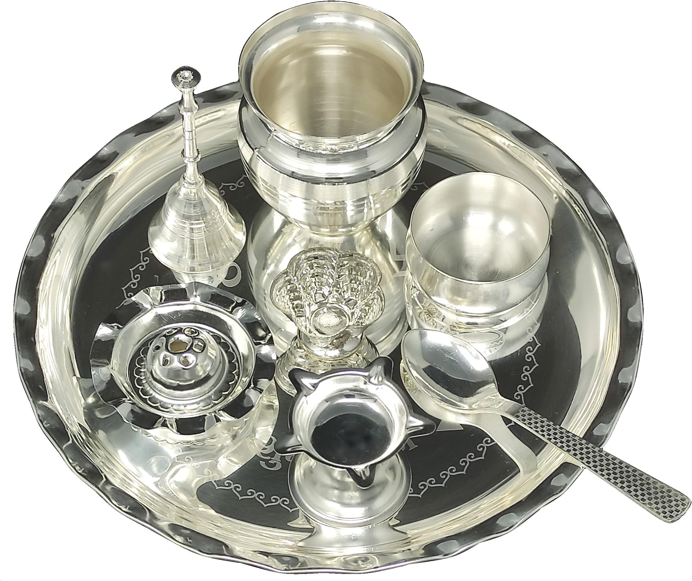 BENGALEN Silver Plated Glossy Pooja thali Set 8 Inch for Mandir Temple Festival Ethnic Puja Thali Gift for Diwali, Home, Office, Wedding Return