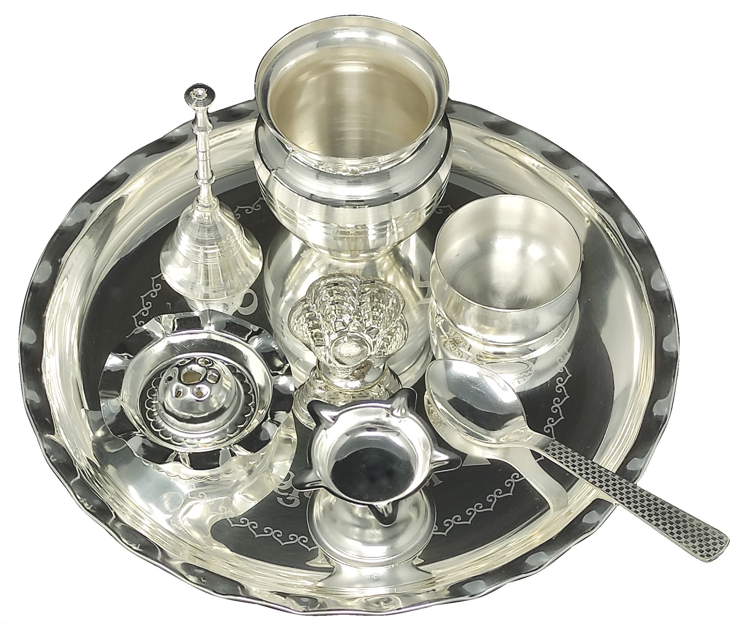 BENGALEN Silver Plated Glossy Pooja thali Set 8 Inch for Mandir Temple Festival Ethnic Puja Thali Gift for Diwali, Home, Office, Wedding Return