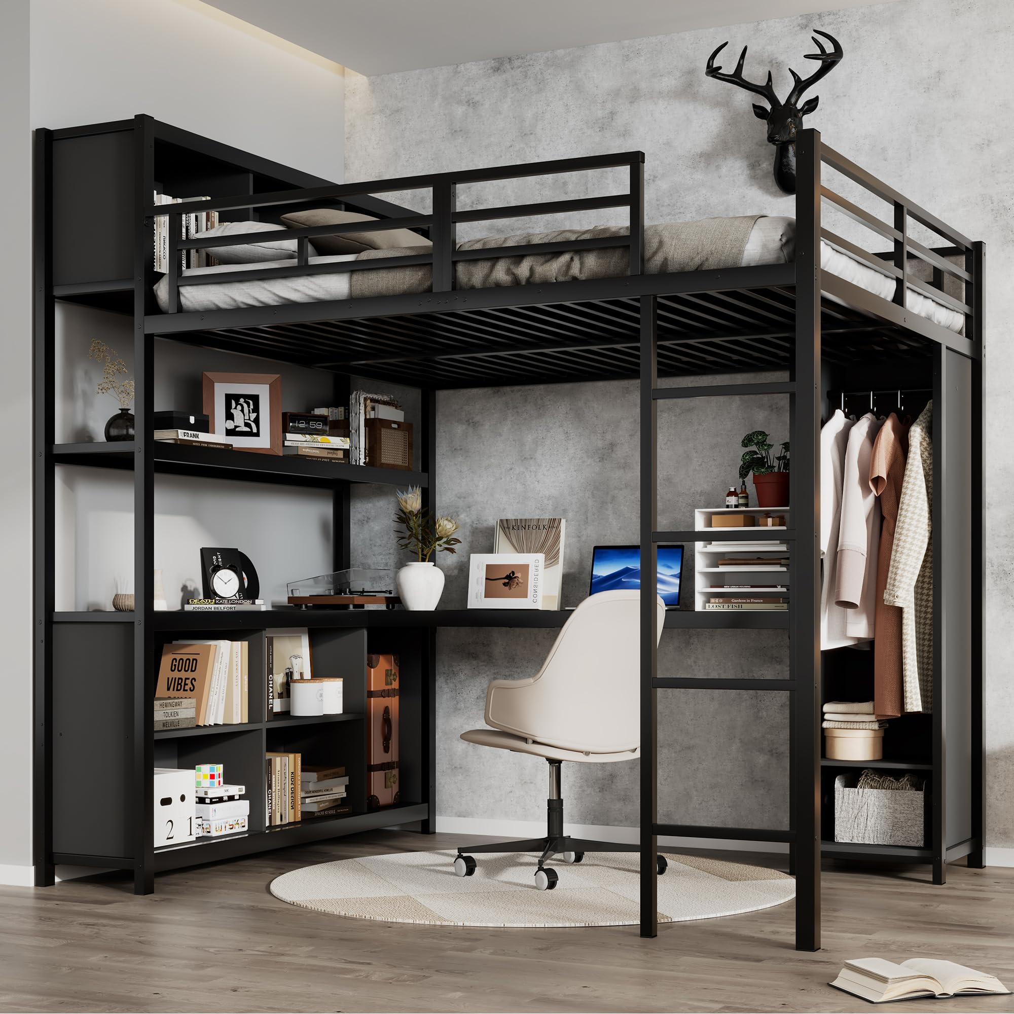 Etagenbett Kinderbett 140x200 cm, Eisenbett Hochbett mit Stauraum Schreibtisch, Einzelbett Metallbett Bett mit Kleiderschrank, Leiter und Lattenrost aus Metallrahmen, ohne Matratze (Schwarz)