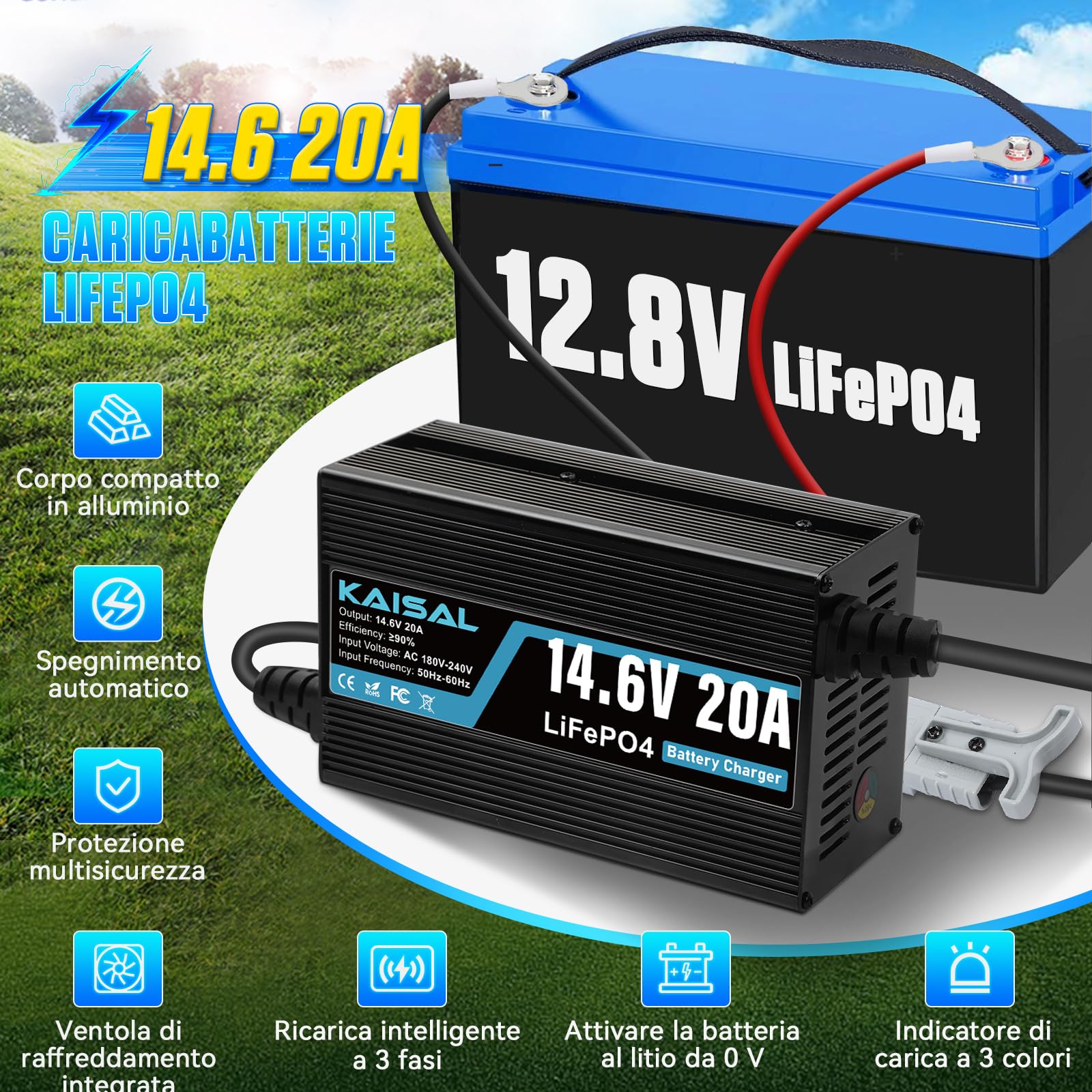 KAISAL 14.6V 20A Caricabatterie al Litio, 12V Caricabatterie LiFePO4 3-Step Carica Intelligente Caricatore LiFePO4 Indicatore di Carica a LED per RV, Barca,Solare