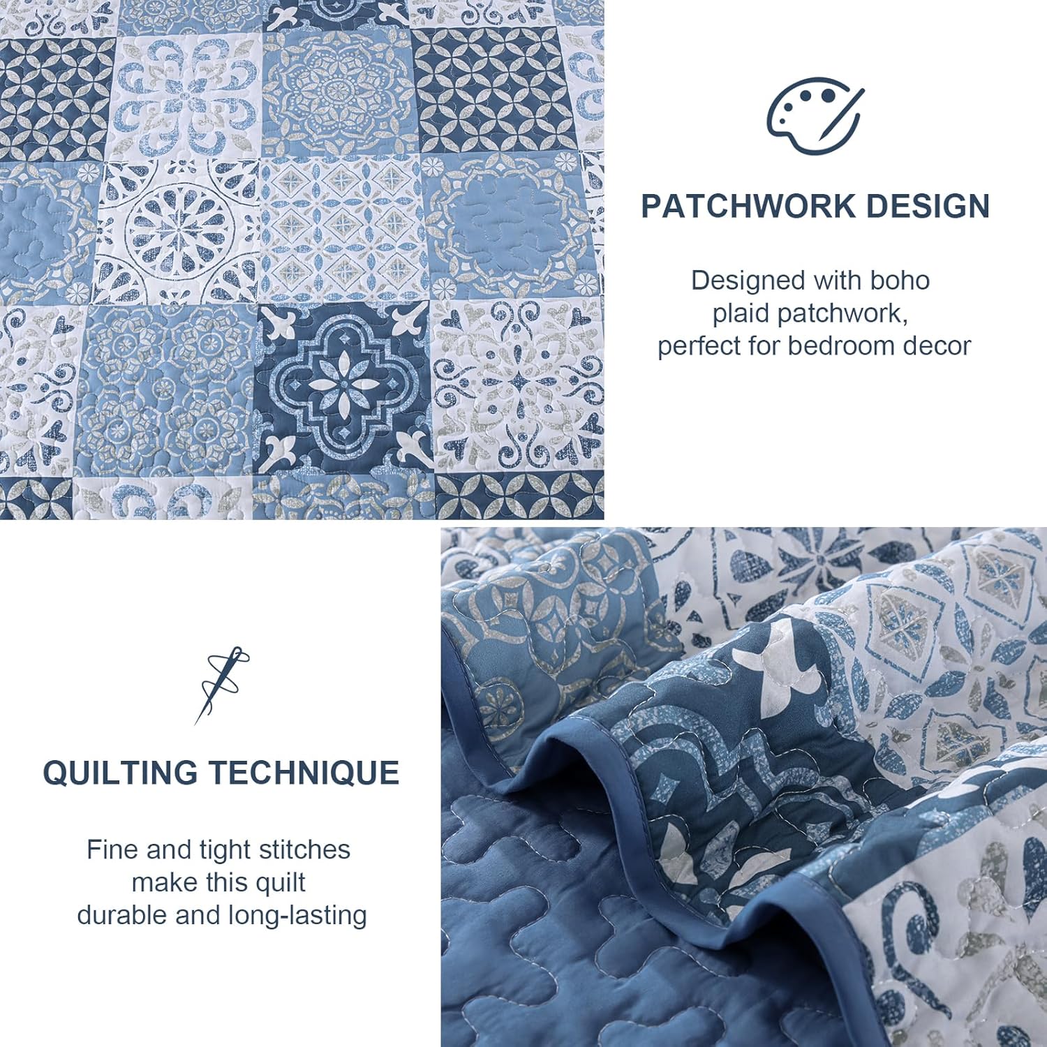 Dobuyly Blue Quilt Set Queen Size, Boho Mineral Blue Plaid Patchwork Bedspreads Coverlet Set, 3 Pieces Soft Lightweight Microfiber Quilt Bedding Set for All Seasons 96"x90" - Image 5