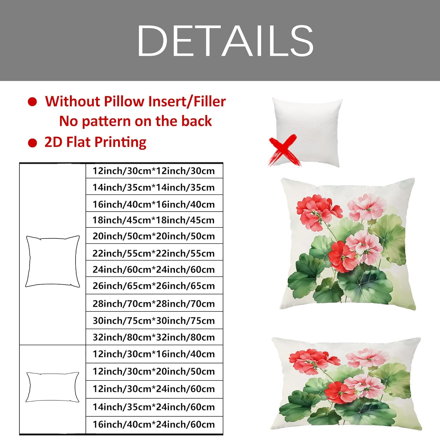 Geraniums Pillow Covers Set of 2, Red and Peach Flower Printed Throw Pillow Cases, Spring Decorative Cushion Covers for Home Sofa Couch Outdoor Decor 24x24 Inch