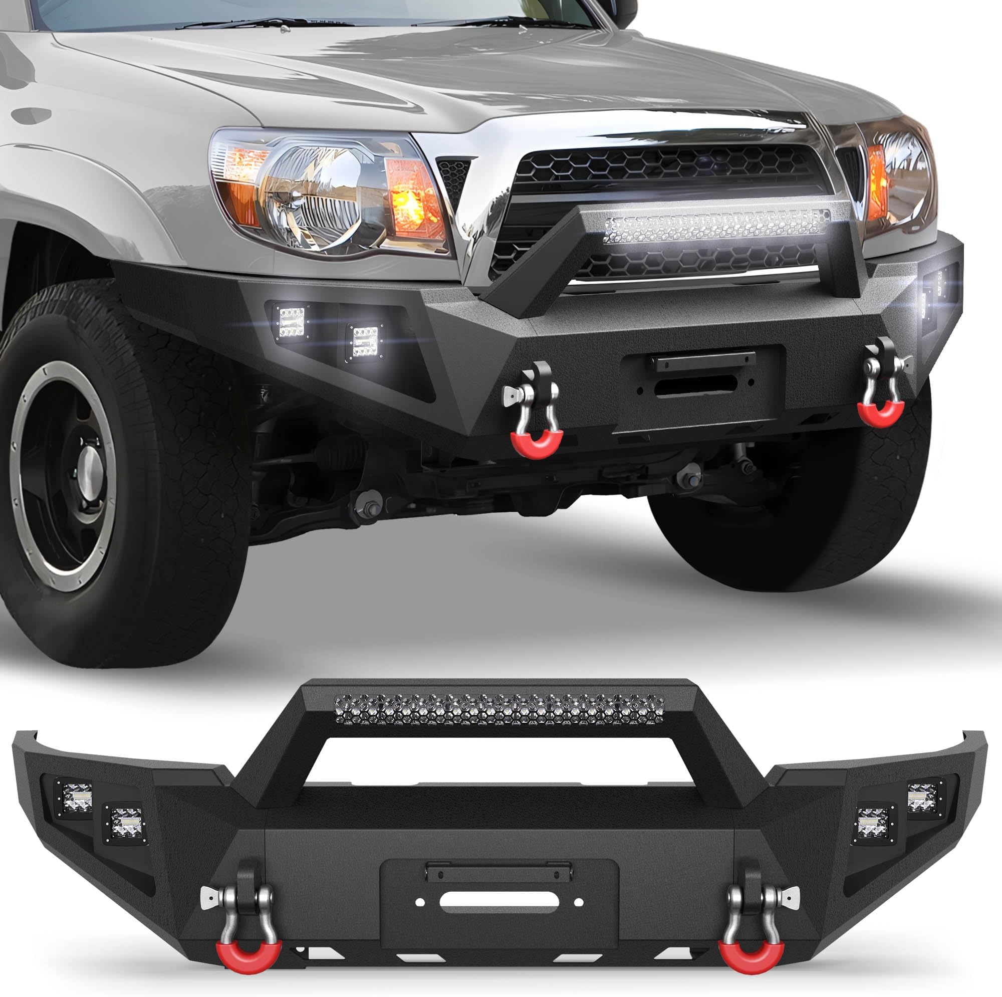 Tacoma Front Bumper Full Width Offroad Bumper w/Winch Plate, 144W Light Bar, 4x18w Lights, D-rings, License Plate Bracket for 2005-2015 Tacoma 2nd Gen Pickup Trucks