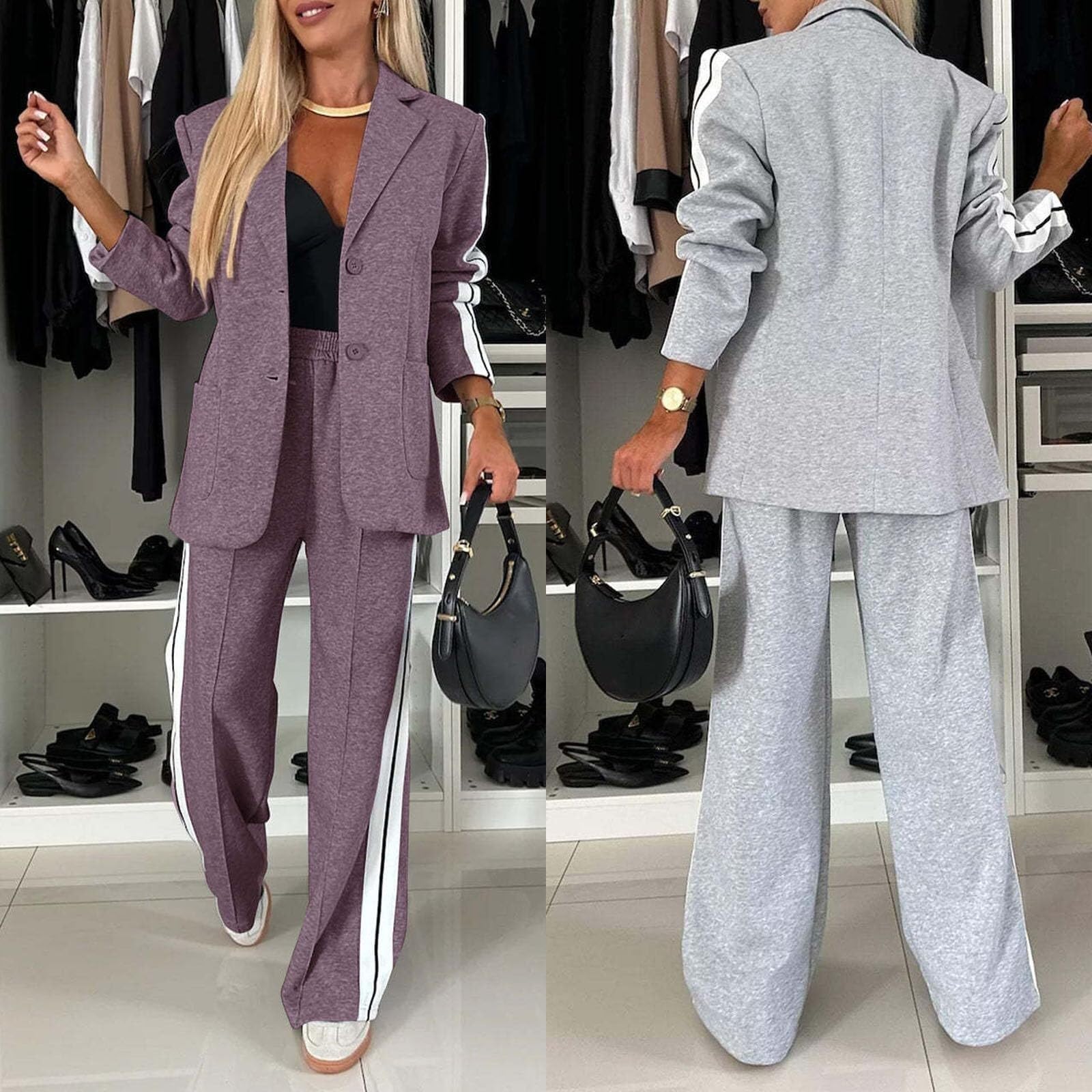 Traje casual de manga larga con solapa para mujer, conjunto de 2 piezas, trajes de negocios, trajes de descanso, blazer y pantalones, trajes elegantes con bolsillos, conjuntos de sudadera de dos