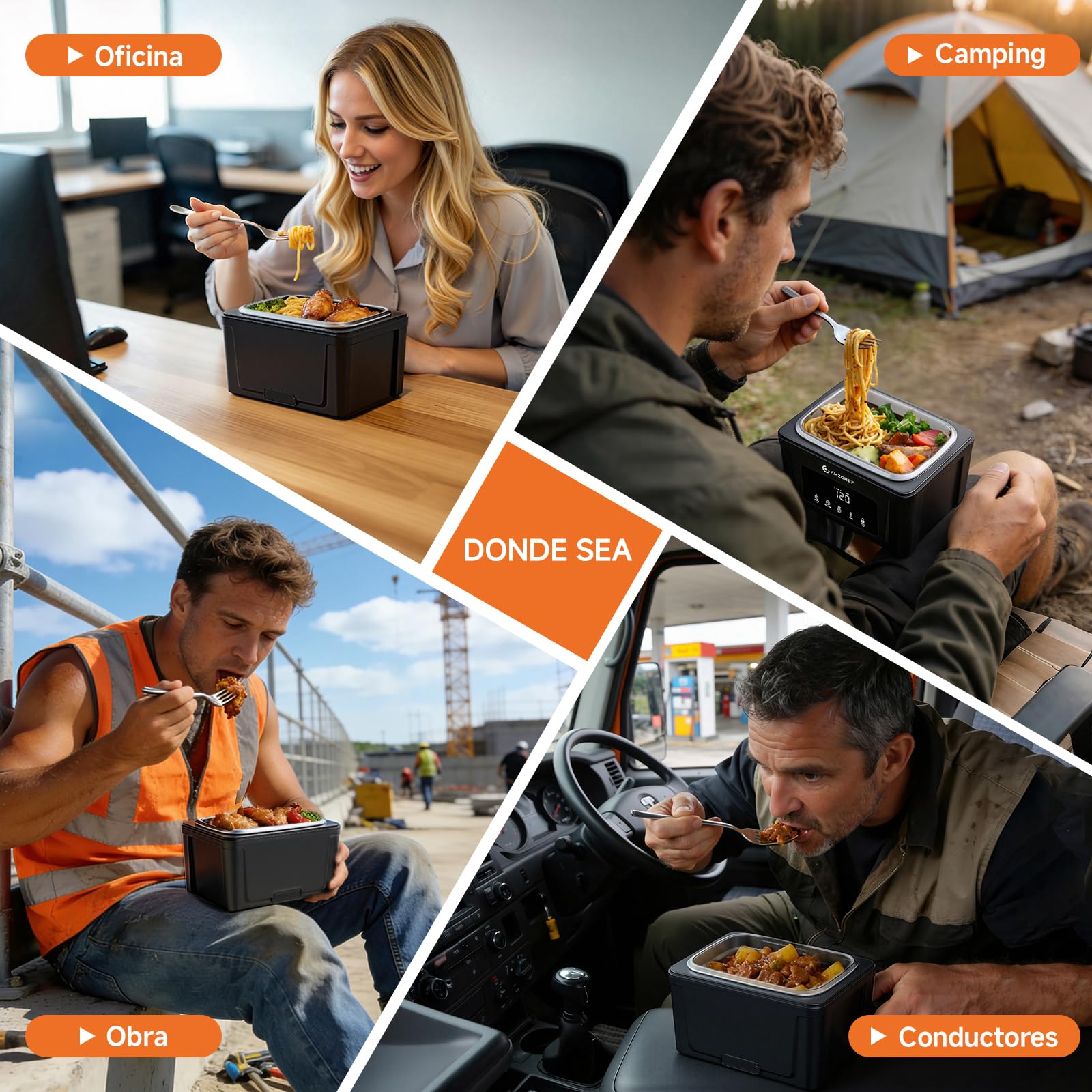 AMZCHEF Fiambrera eléctrica batería 18.000 mAh – fiambreras comida trabajo 1,5 L con calentamiento 5 caras, temporizador y función mantener calor, carga rápida USB-C para oficina, coche y obras