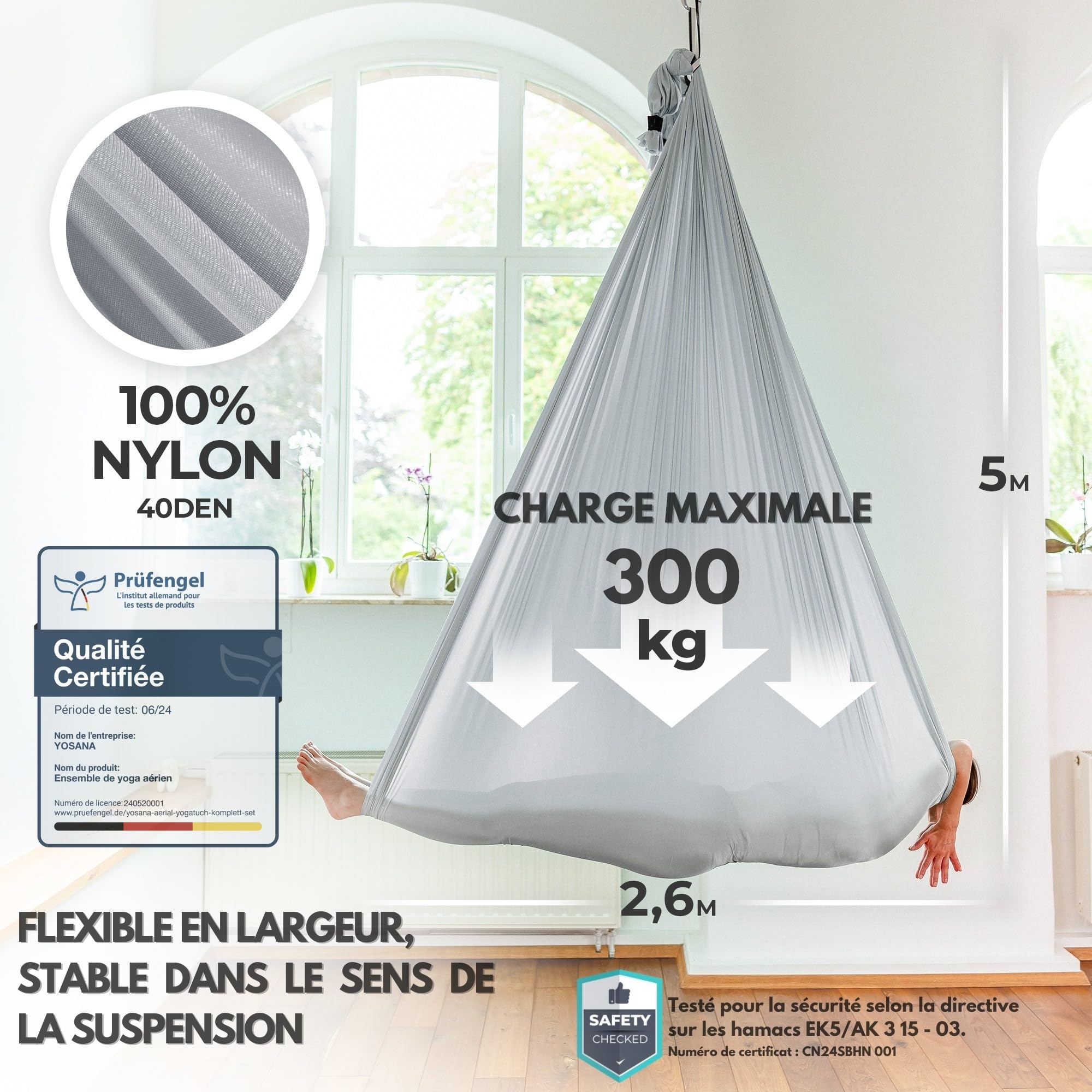 Yosana Hamac | Kit Complet avec Fixation | Sécurité testée jusqu'à 300 kg | Tissu Nylon de Haute qualité 5m x 2,6m