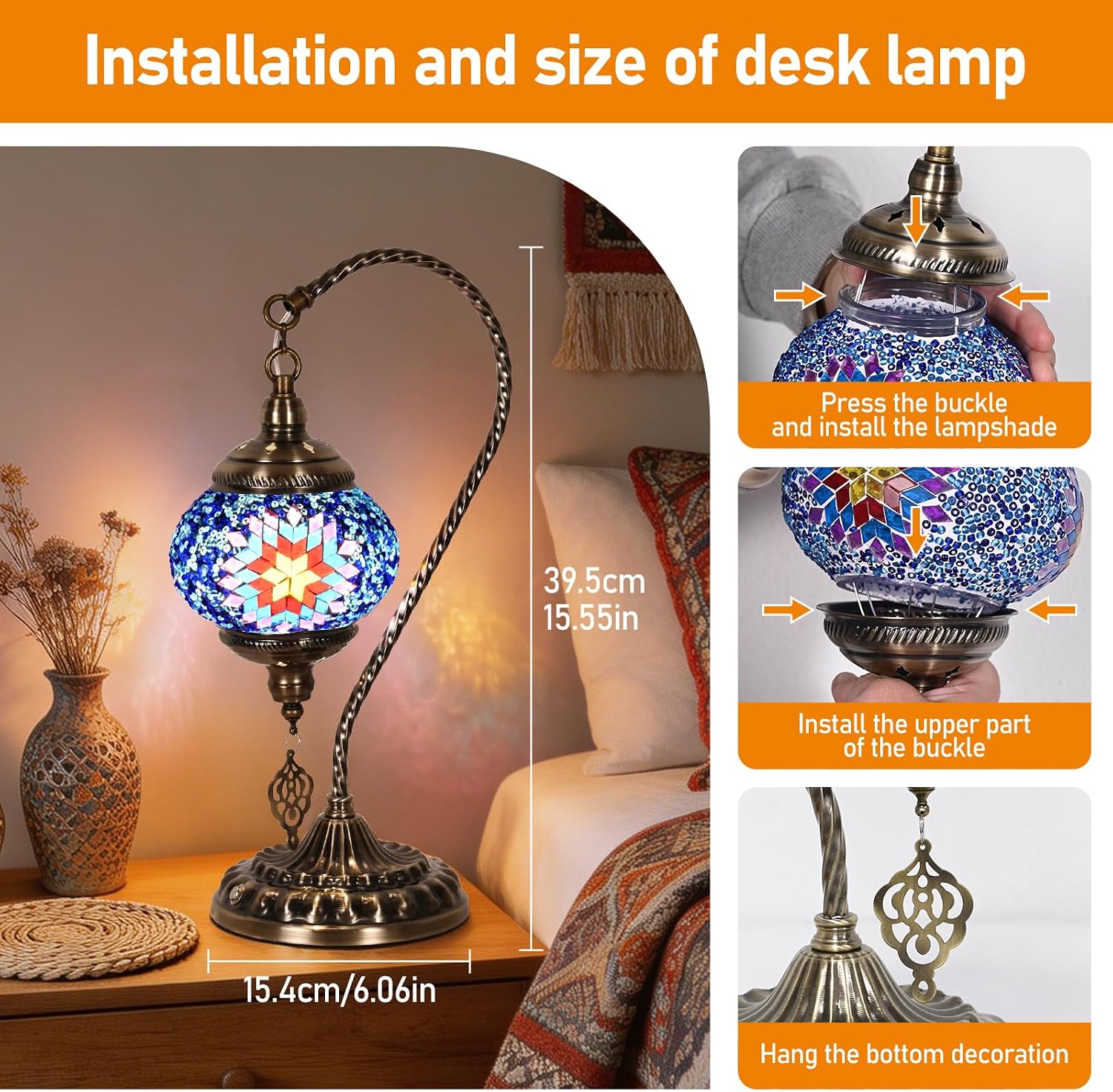 Rechargeable Turkish mosaic swan neck table lamp image 3