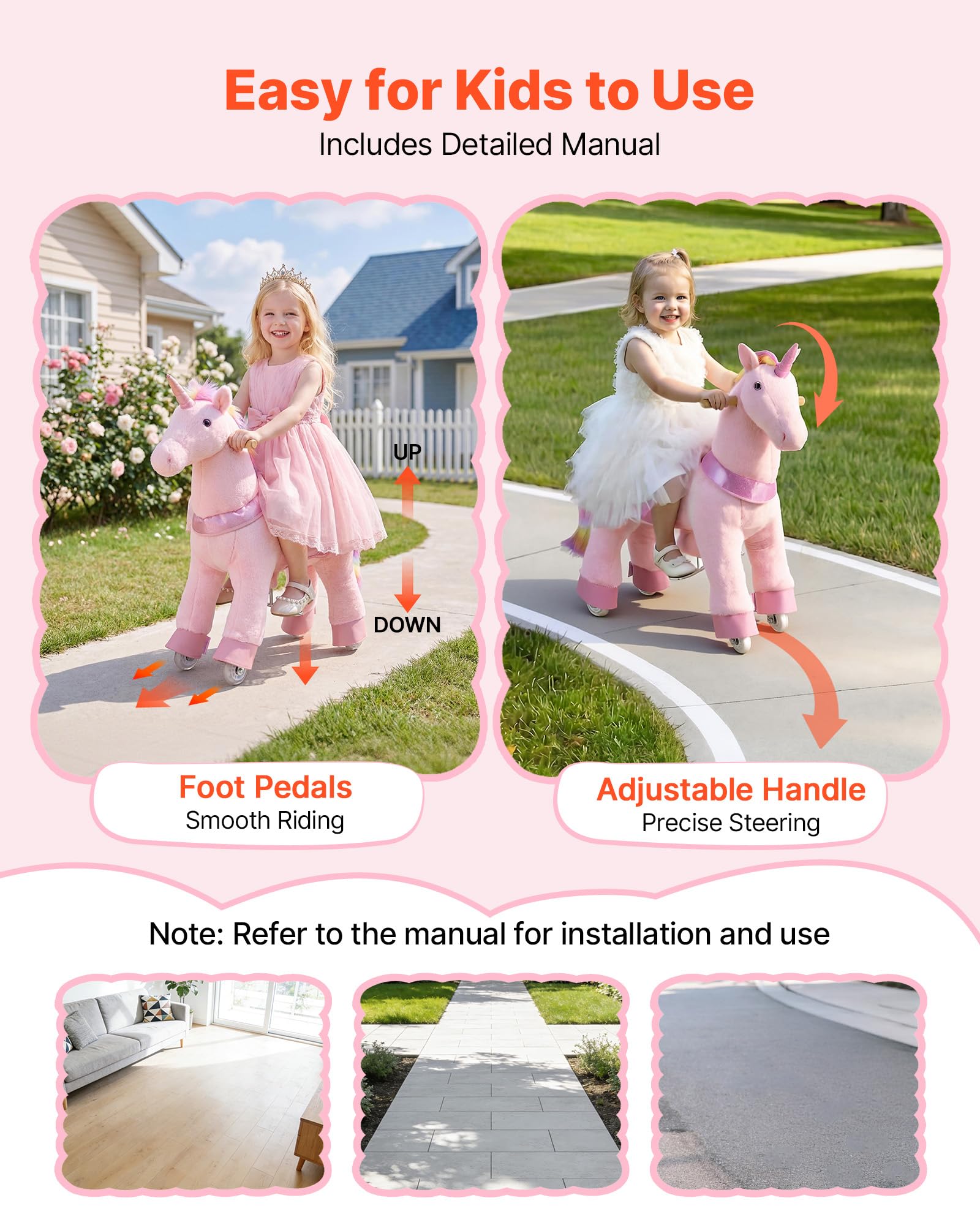 VEVOR Unicornio de Juguete para Niños, Pony de Montar con Ruedas y Pedales, Caballito Unicornio con Sonido, Estructura de Metal, Carga hasta 50 kg, Uso Interior y Exterior, para Niños de 3 a 8 Años