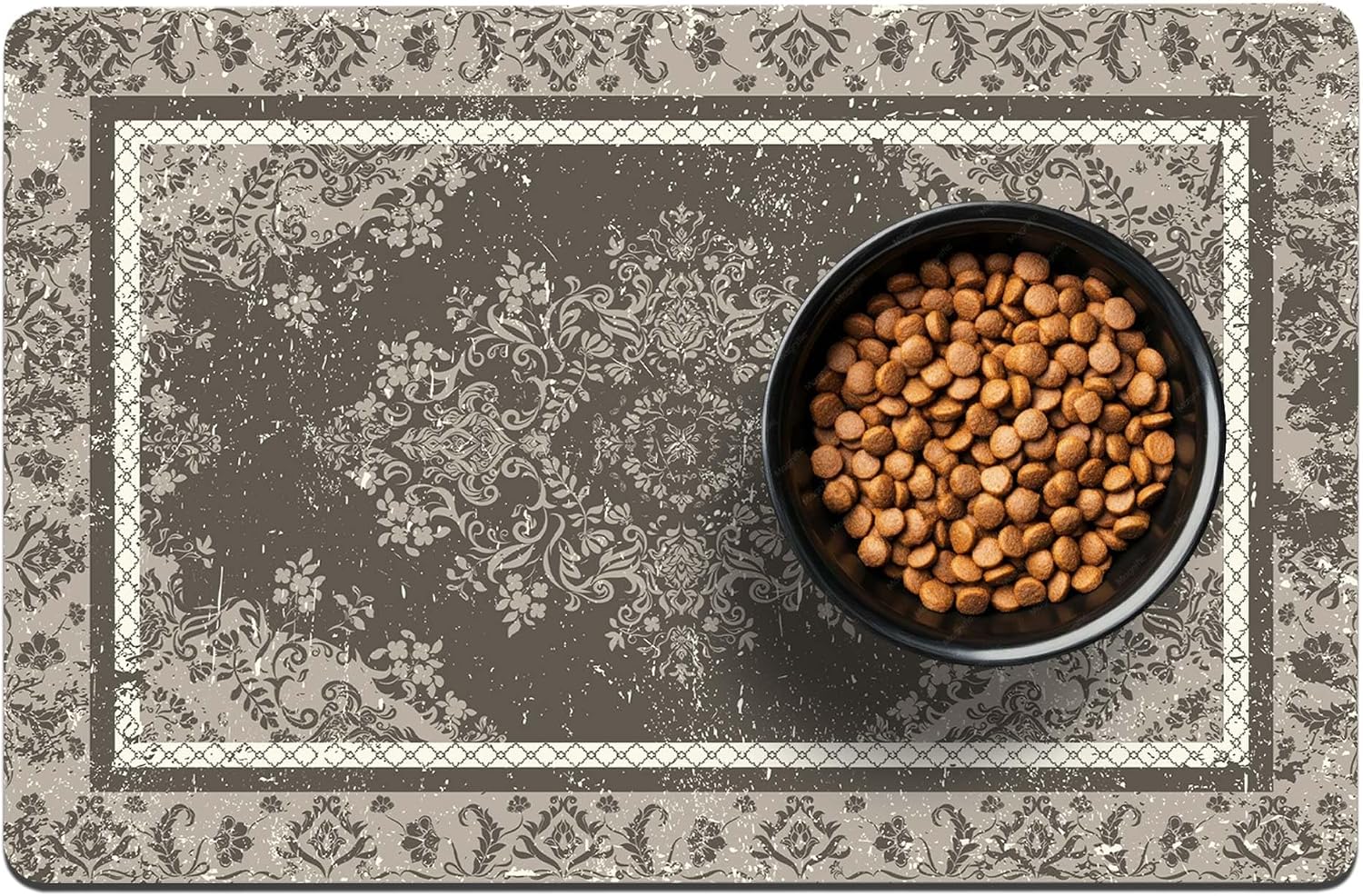 Dog Food Mats for Floors,Vintage Distressed Gray Bohemia Style Non-Slip Absorbent Pet Feeding Mat for Floors, Easy Clean Pet Placemat for Food & Water 12x20 inch