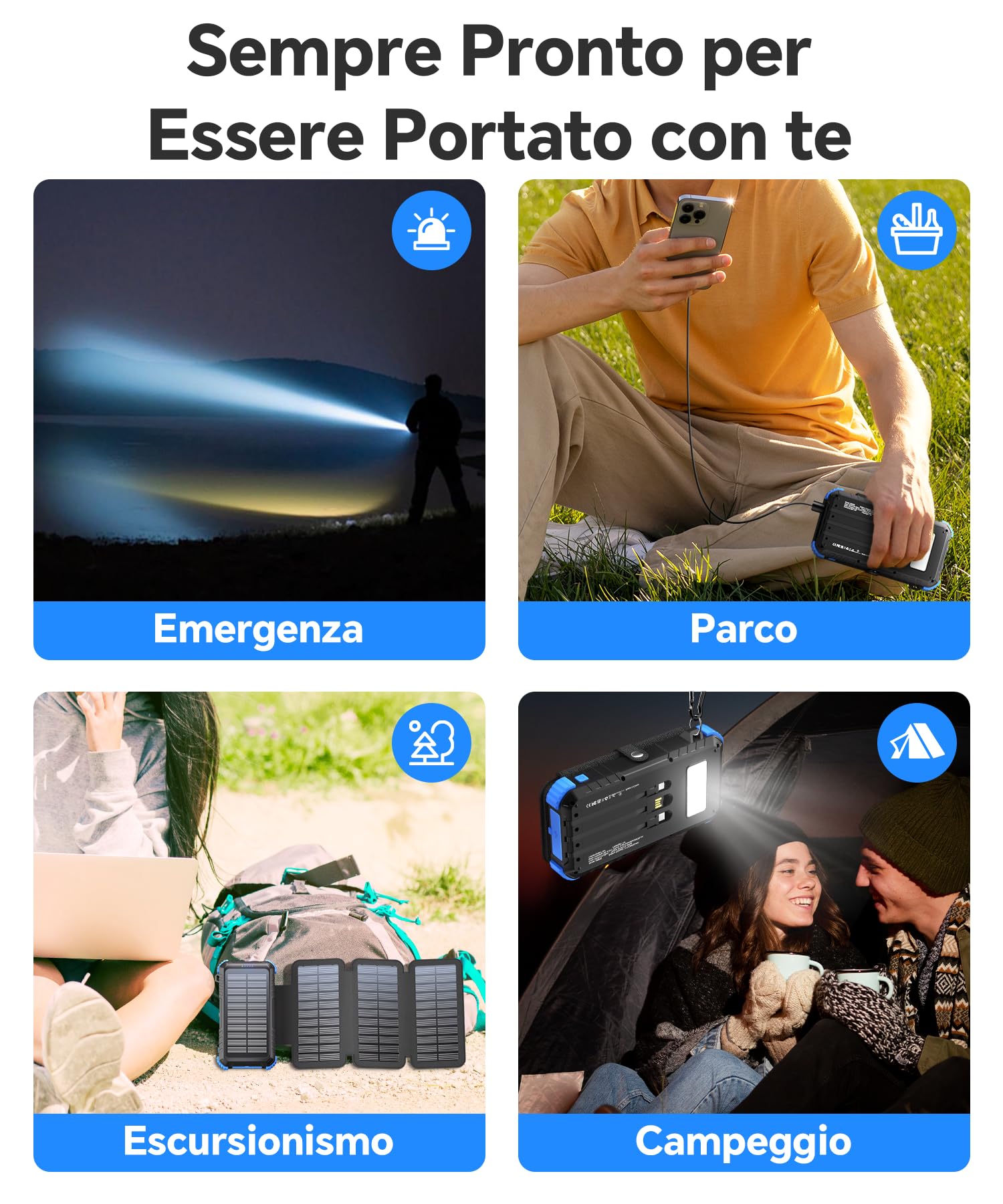 Power Bank Solare da 20000mAh con 4 Pannelli Solari, Power Bank USB C da 15W a Ricarica Rapida, 5 Uscite con 3 Cavi, Caricabatterie Solare Portatile per Esterni con Moschettone e Torce per Telefoni