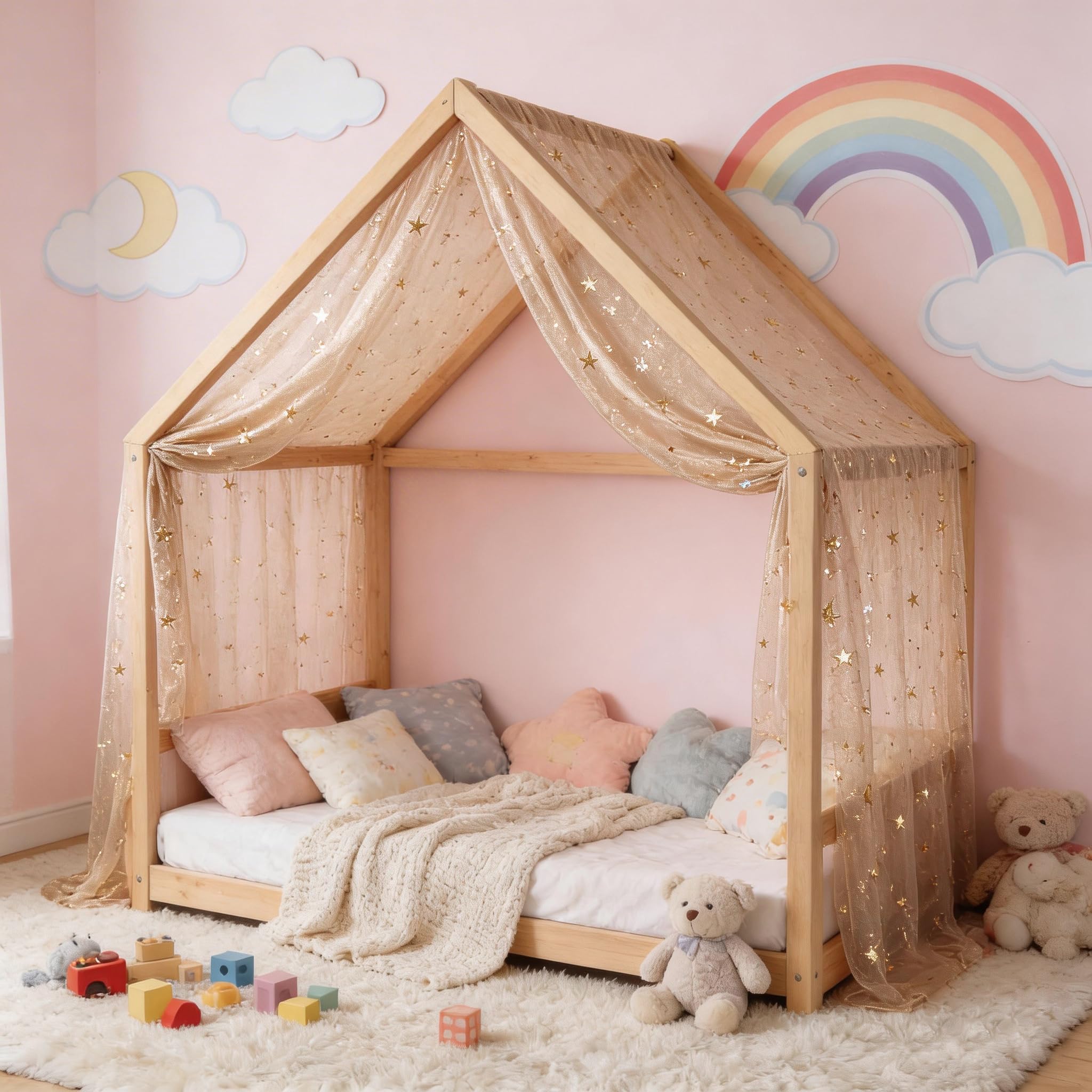 Ingzy Canopy Bed Curtains – Dreamy Star Moon Voile Sheer Drapes for Girls, Kids, Toddler, Montessori, House & Twin Beds, Soft Fabric DIY Princess Decor