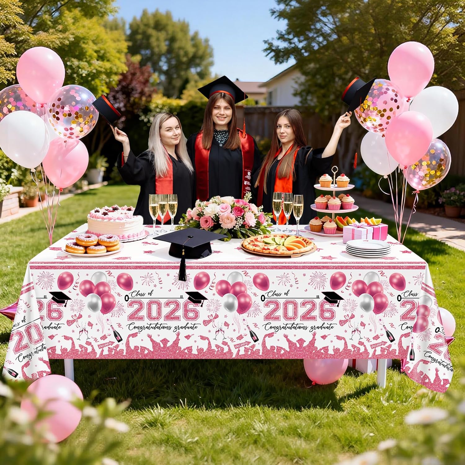 Avezano 3 pcs Graduation Tablecloths 108x54 inch Graduation Table Cloths Class of 2026 Pink and White Grad Party Tablecover Decorations Plastic Disposable