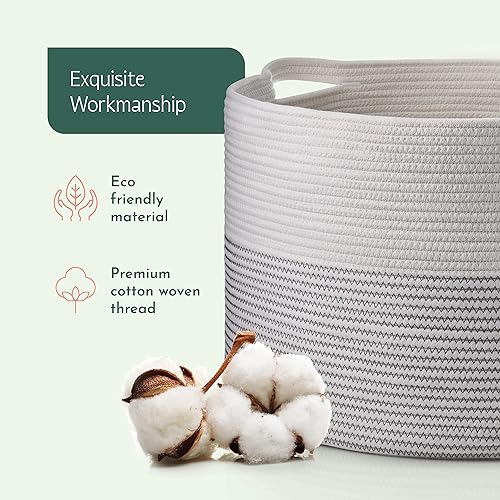 Miniatura 4 de Cesta decorativa de manta jumbo para sala de estar, cesta tejida de cuerda de algodón 100% para almacenamiento con 2 asas de fácil transporte,