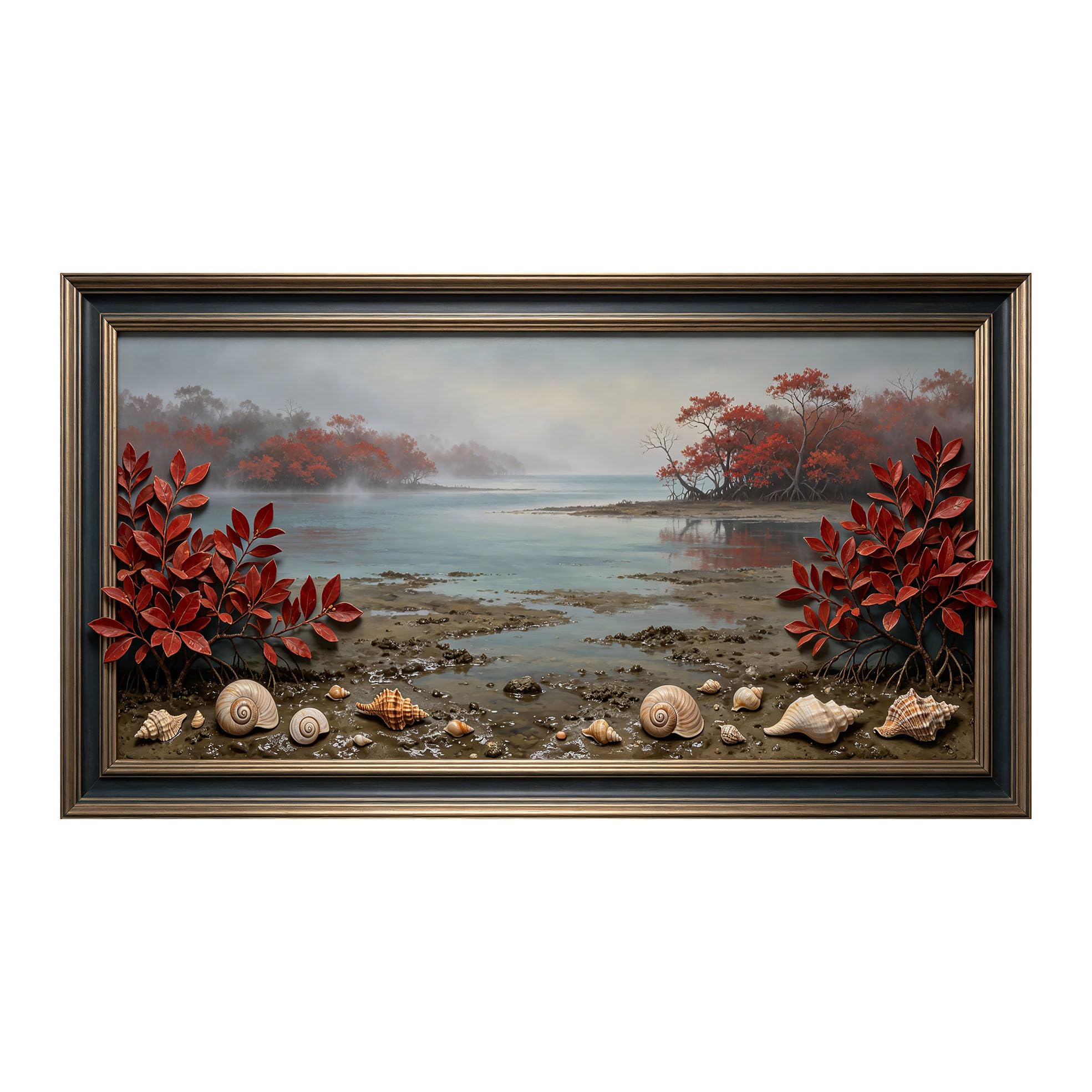Yzpallescene 3D Framed Wall Art 50cm×100cm Coastal Seascape Red Leaf Mangrove Tree Seashell Relief Effect Large Size SelfAdhesive Removable Wall Decor Prints Artwork for Living Room Bedroom Office
