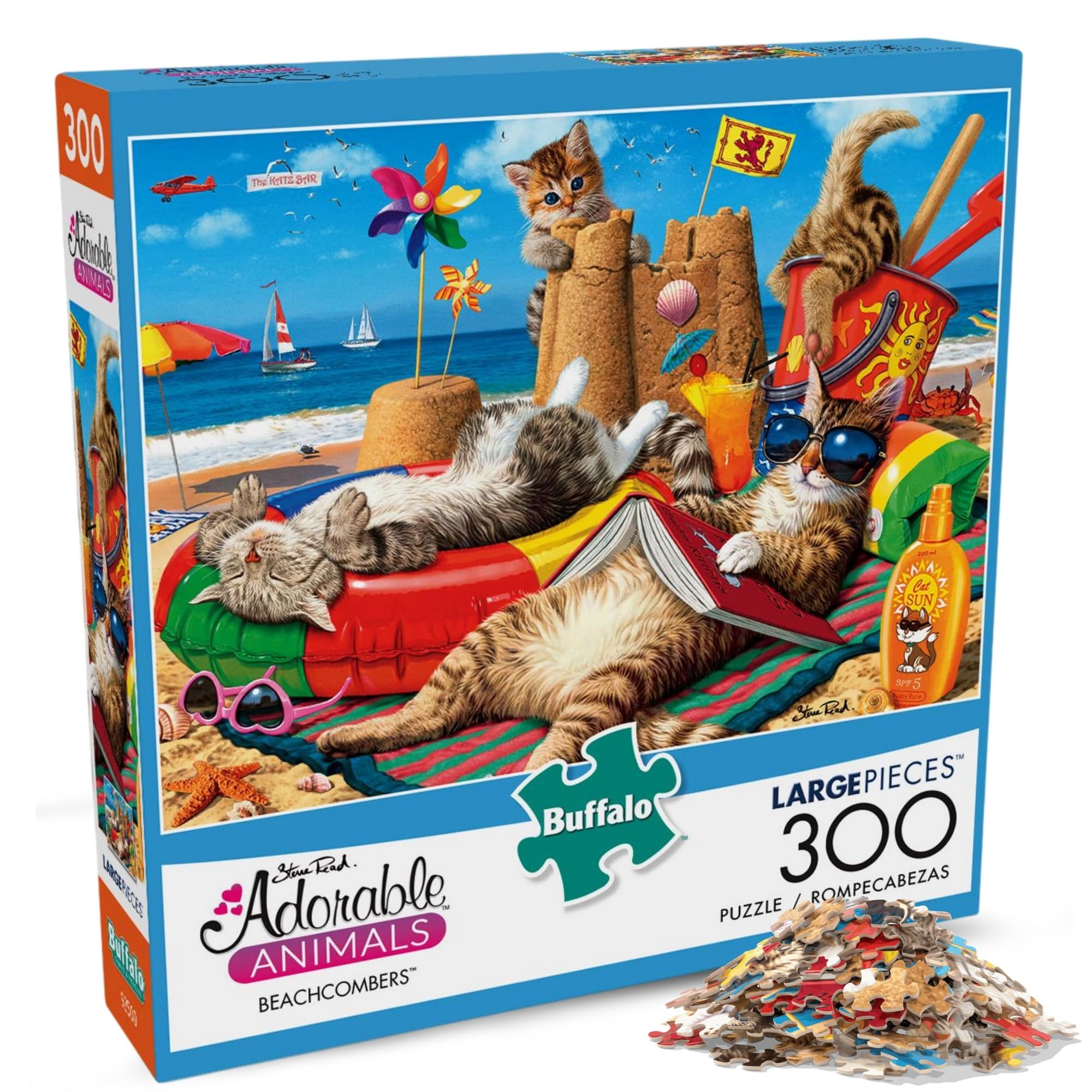 Buffalo Games - Beachcombers - Steve Read - 300 Piece Large Piece Jigsaw Puzzle for Adults - Playful Cat Beach Scene Puzzle with Oversized Pieces -