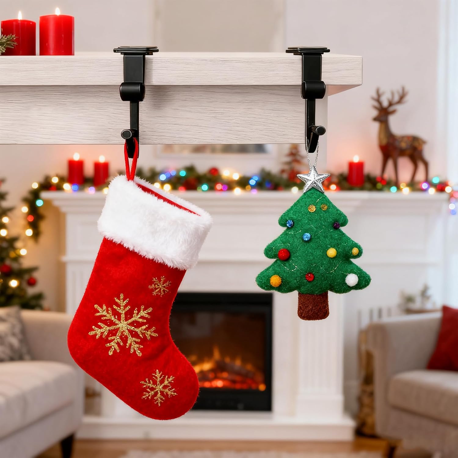 Christmas Fireplace Stocking Hanger Set for Paeose Garland- 2 Adjustable Length Metal Hooks (5" & 8.5") with Non-Slip Pads, 2 in 1 Heavy Duty Fireplace Mantel Hooks, Holds Up to 20 lbs, No Nails(1pc)