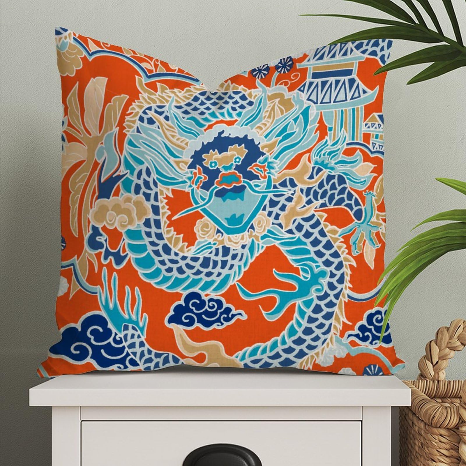 Aroggeld Style-12 Imperial Dragon Pillow Dragon Chinoiserie Pillow Case Navy Blue Teal Red Euro Sham Pillow Cover Asian Cushion Cover 24X24in Accent Pillowcase Rustic Home Decor For Sofa Living Room Bedroom