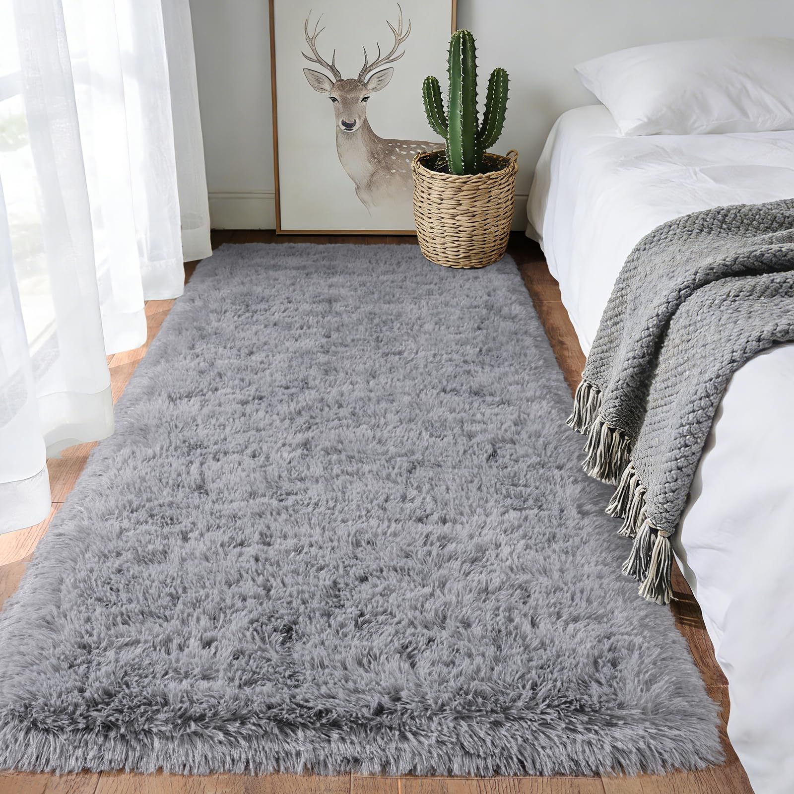 iEvery Rugs for Bedroom 80x150 cm - Fluffy Shaggy Beside Rug Non Slip, Soft High Pile Modern Floor Carpet for Living Room Kids Room, Light Grey โ image 1