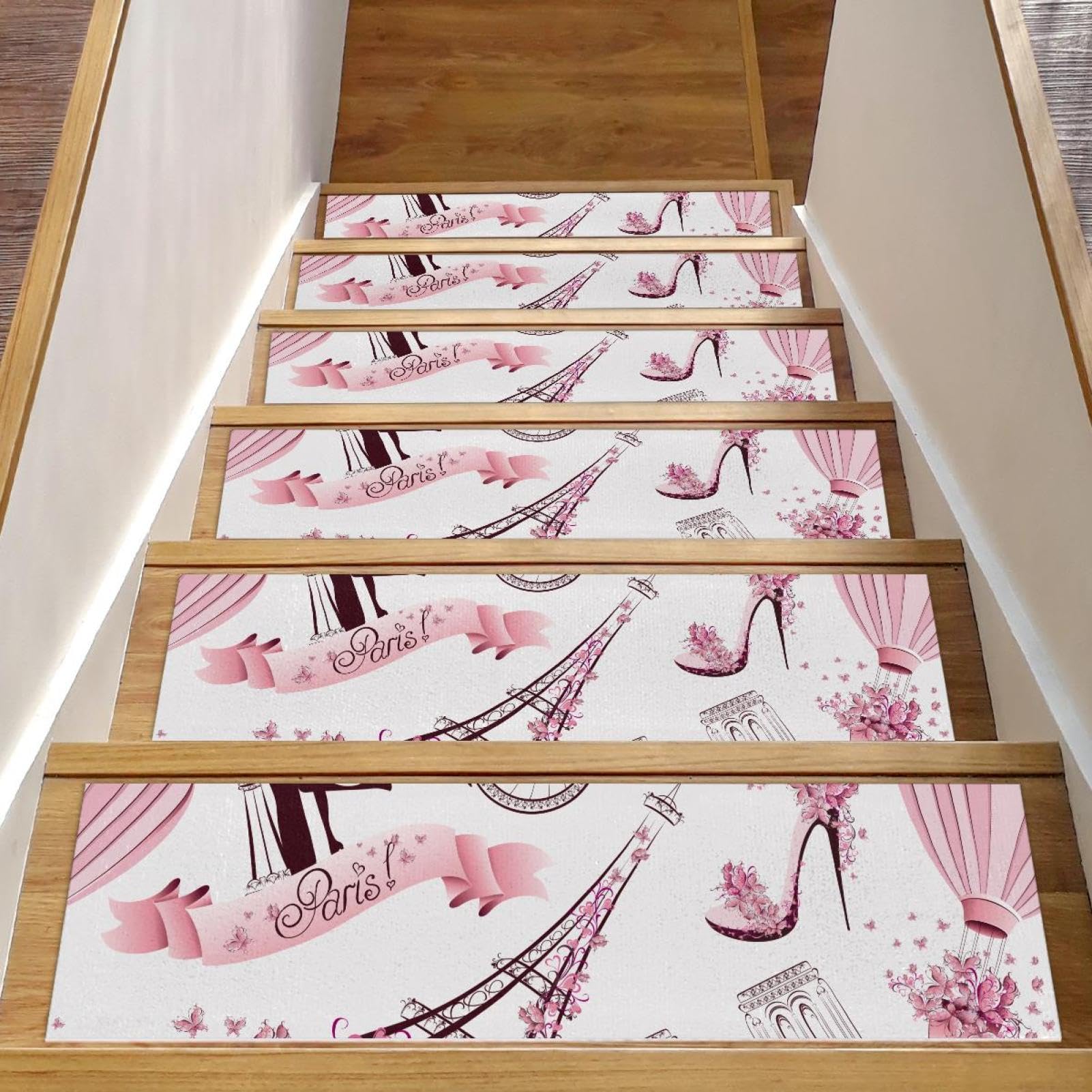 Tapis d'escalier antidérapants anti-glisse pour marches d'escalier en bois rose 15x