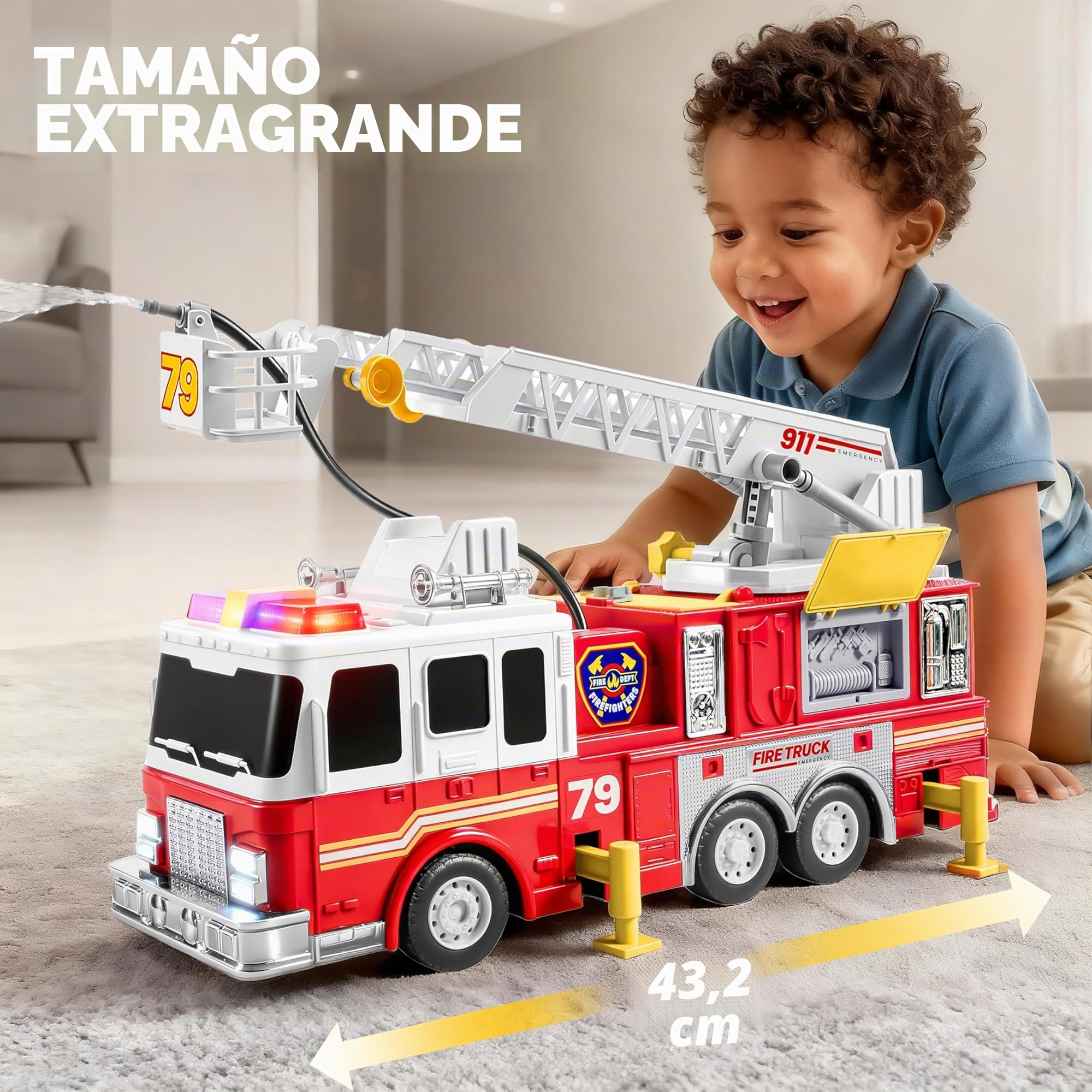 JOYIN Camión de Bomberos de Juguete Grande a Partir de 2 3 4 años, con Escalera de 83 cm, Coche de Juguete, Cuerpo Bomberos, Pulsadores Eléctricos, Luces, Sirenas, Manguera Giratorio y Bomba de Agua