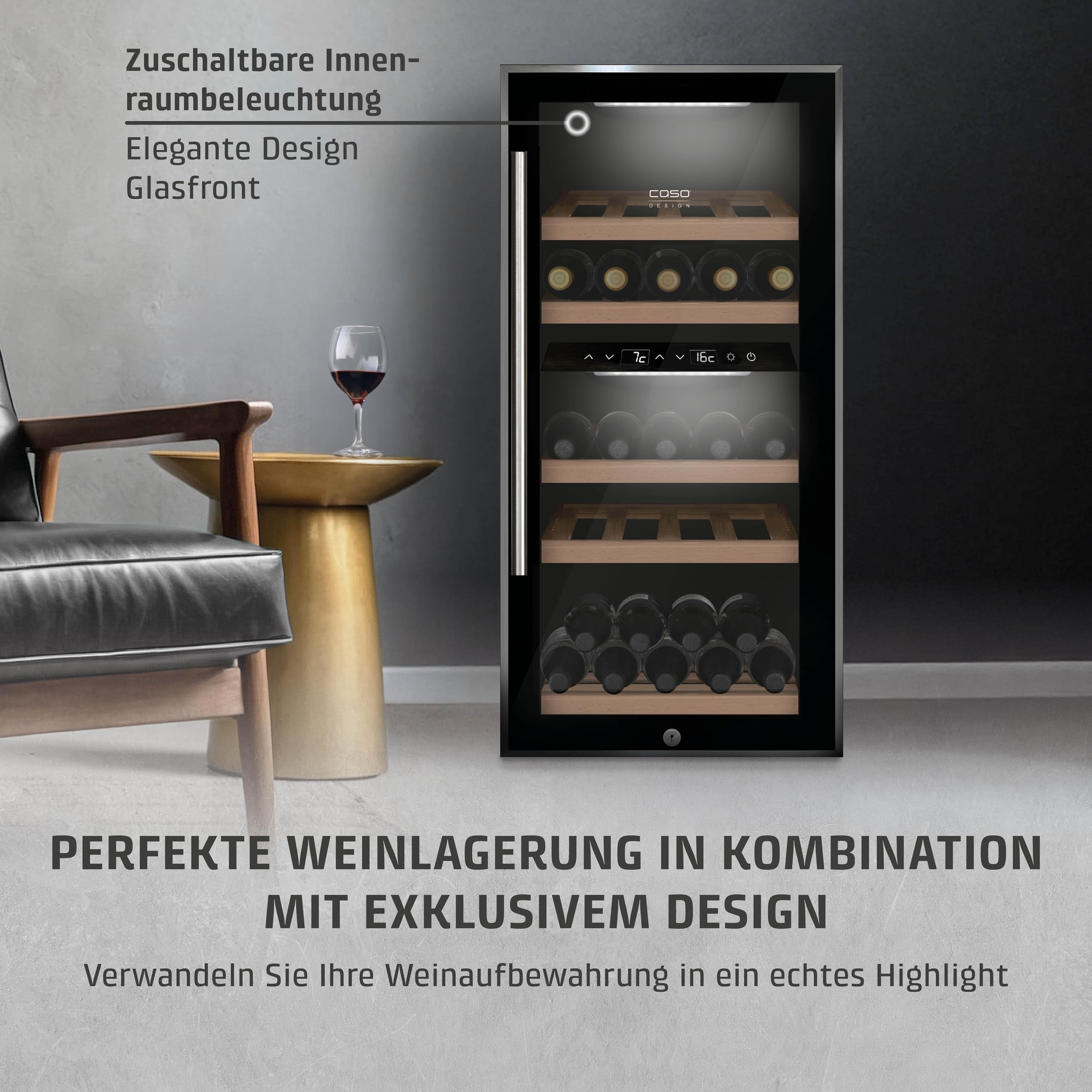 Caso WineComfort 24 black, Weinkühlschrank für 24 Flaschen, 2 Zonen auf 5-20°C einstellbar,Sensor- Touch, LED beleuchtet freistehend, UV-Filterglas, Schwarz