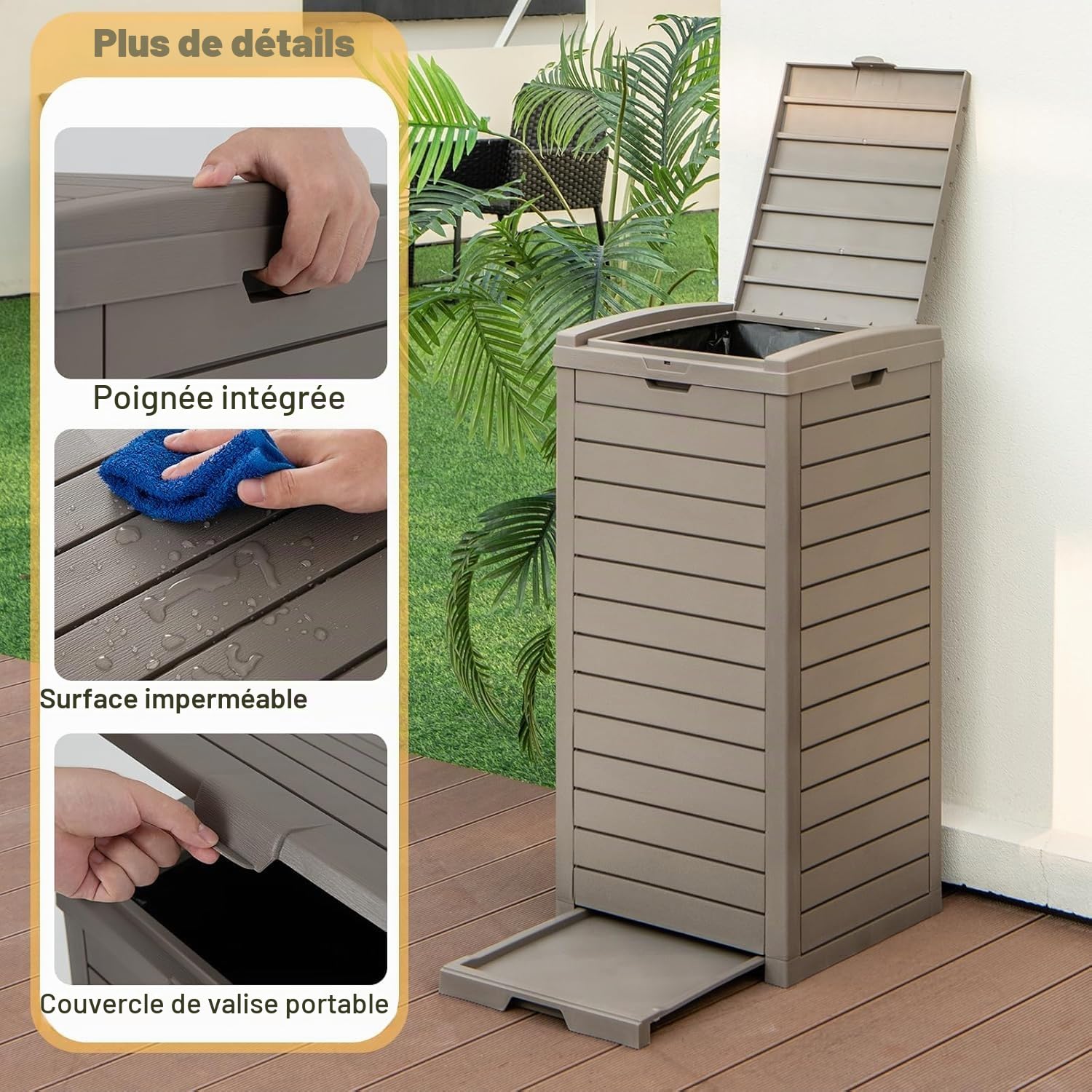 FANTASK Poubelle d'extérieur avec couvercle, bac à liquide extensible et poignée, 118 l, marron, poubelle étanche pour véranda, arrière-cour, terrasse