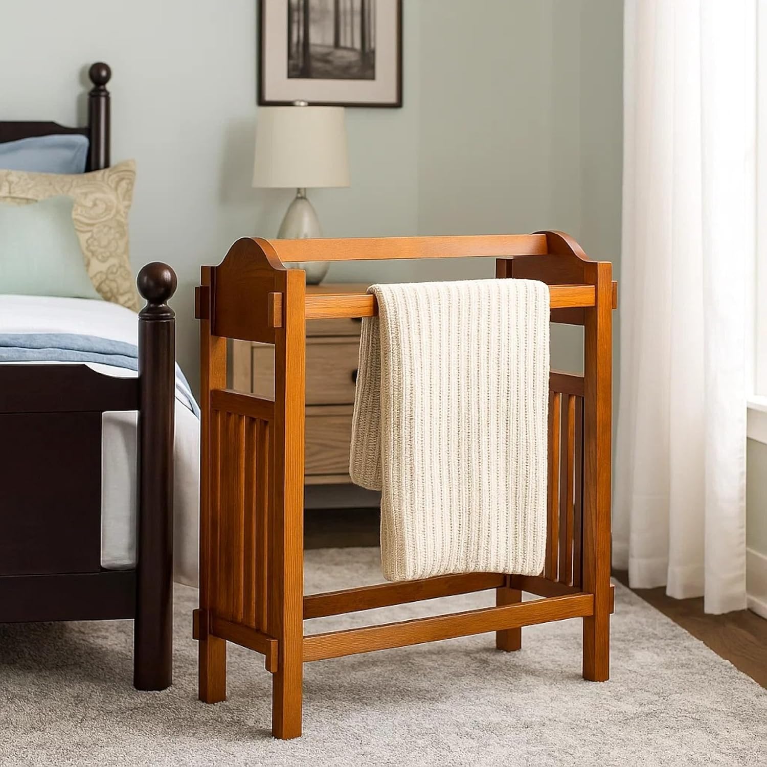 Benjara Wooden Mission Style Quilt Rack with 3 Hanging Bars on Scrolled Top
