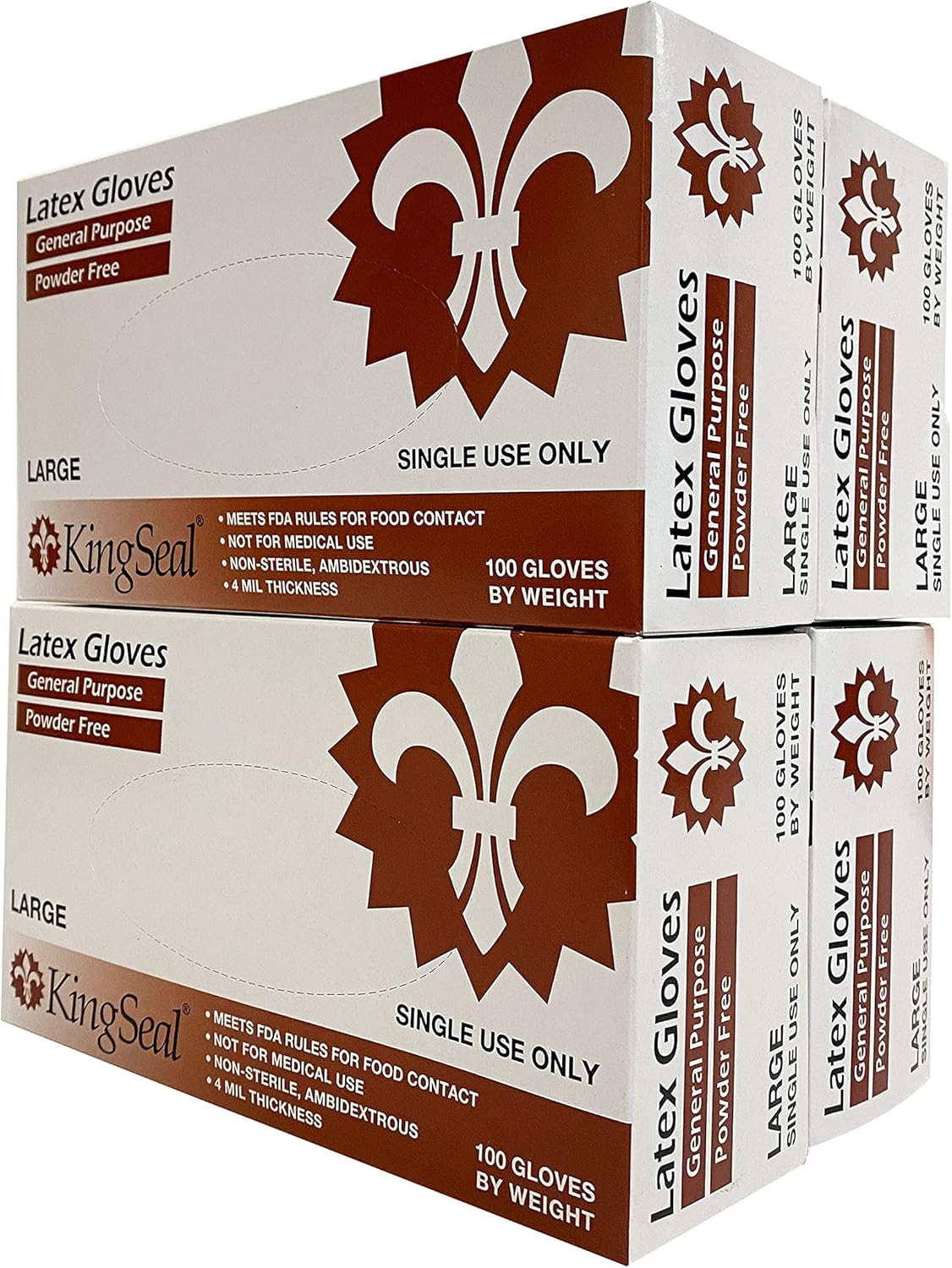 KingSeal Latex General Purpose Gloves, Powder Free, 4 mil, Non-Medical Uses Only - 1 or 4 Box Bundle or 10 Box Master Case