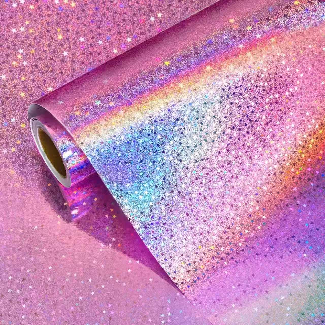 Vnaaem Pink Holographic Wrapping Paper Roll - Metallic Foil Stars Design Gift Wrap for Birthday Kpop Party Graduation Wedding Baby Shower(17 IN x 16.5 Ft)