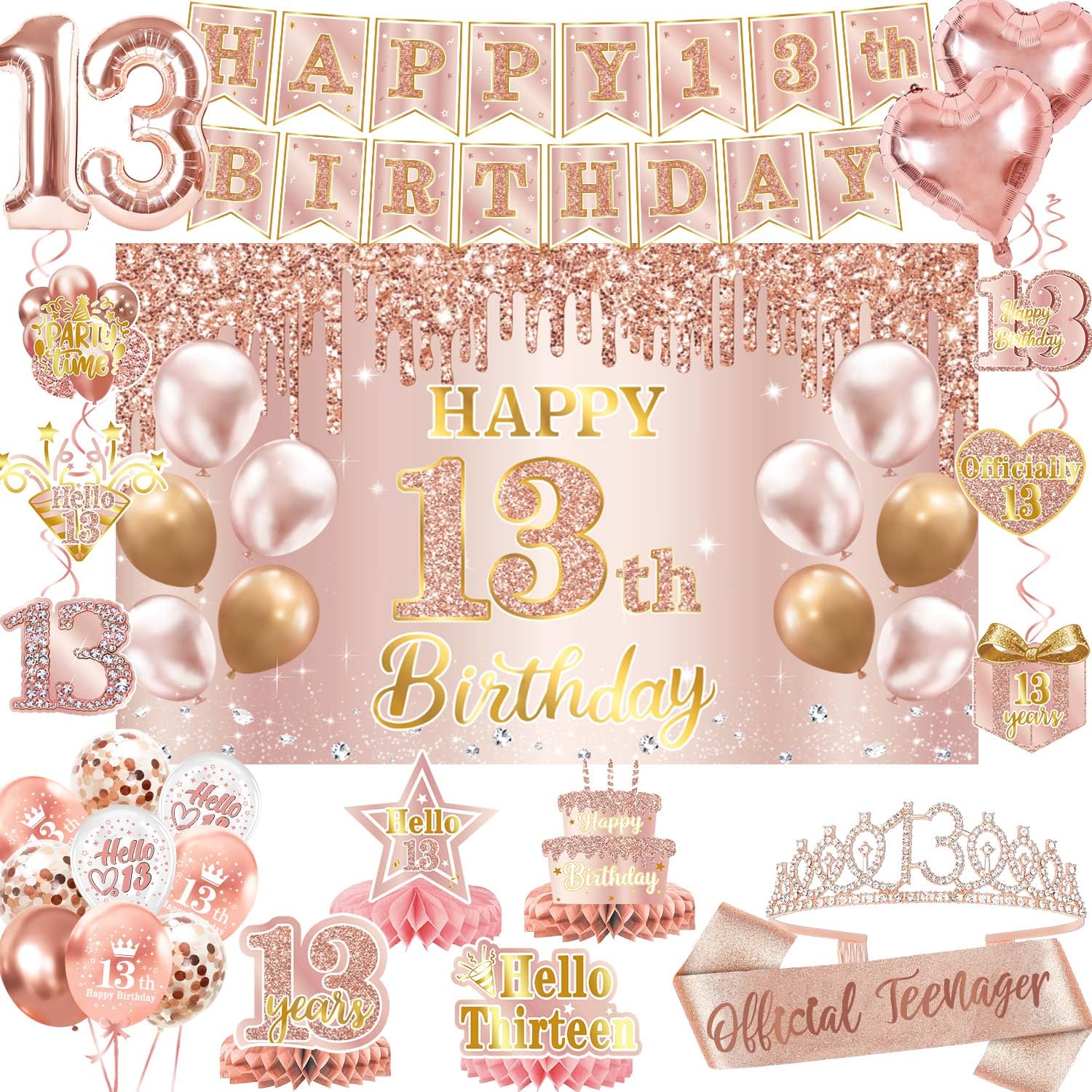 View 1 of 13th Birthday Decorations for Girls – Official Teenager Decorations Backdrop, Banner, Honeycomb Centerpieces, Hanging Swirls, Foil & Latex Balloon, Sash, Pom Poms, Crown