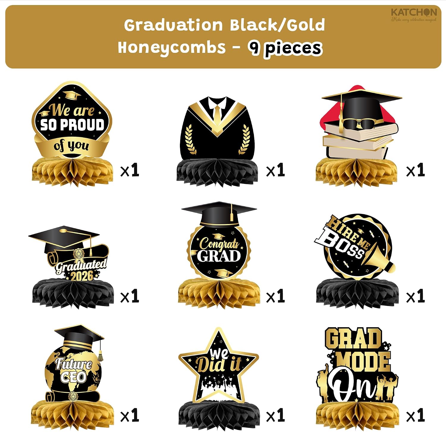 Graduation Decorations 2026 | Black and Gold Graduation Centerpieces for Tables 2026 - Pack of 9 | Gold Graduation Centerpieces 2026 | Black and Gold Graduation Party Decorations | KatchOn