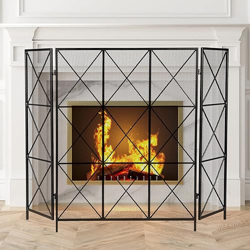 IRONWALLS Pantalla negra para chimenea, 41.7 pulgadas de largo x 31.5 pulgadas de alto, cubierta plana plegable de hierro con protección contra