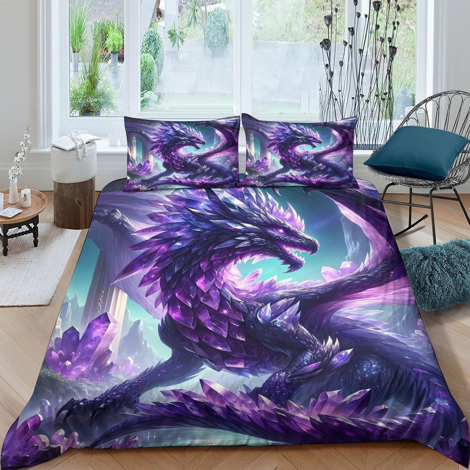 Ctjqhvkz Style-4 3D Printed Purple Dragon Fitted Sheet Microfiber Fantasy Creature Mattress Cover Anti-Slip Bedroom Decor Washable Single（135X200cm）