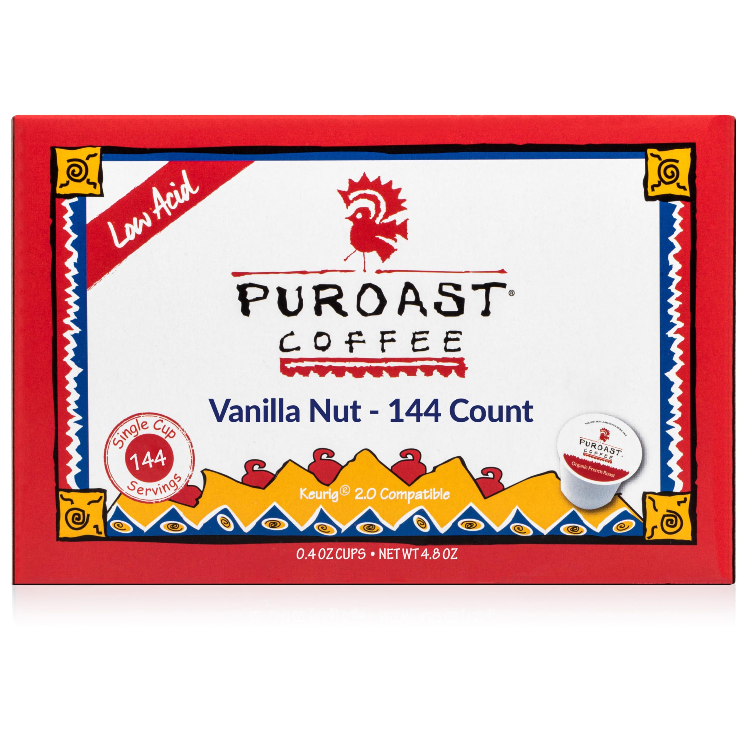 Puroast Low Acid Coffee| Vanilla Nut Single Serve Pods | Medium Roast | High Antioxidants & High pH |No Bitter Aftertaste | Reduced Heartburn & GERD Friendly | 144 Count - Compatible with Keurig Brewer Bb08/19/24