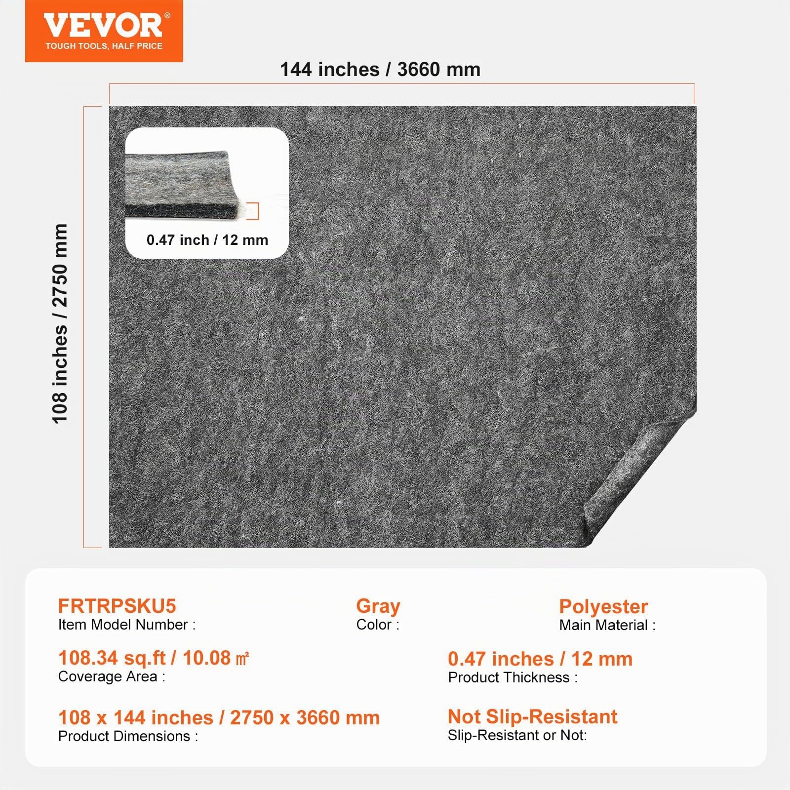 VEVOR Cojín para Alfombra Cojín Protector de Suelo, 275 x 366 cm 12 mm de Espesor, Fieltro de Poliéster, Gris, Área de Cobertura de 10-11 ㎡ Protección del Suelo Cómodo para Dormitorio, Sala de Estar