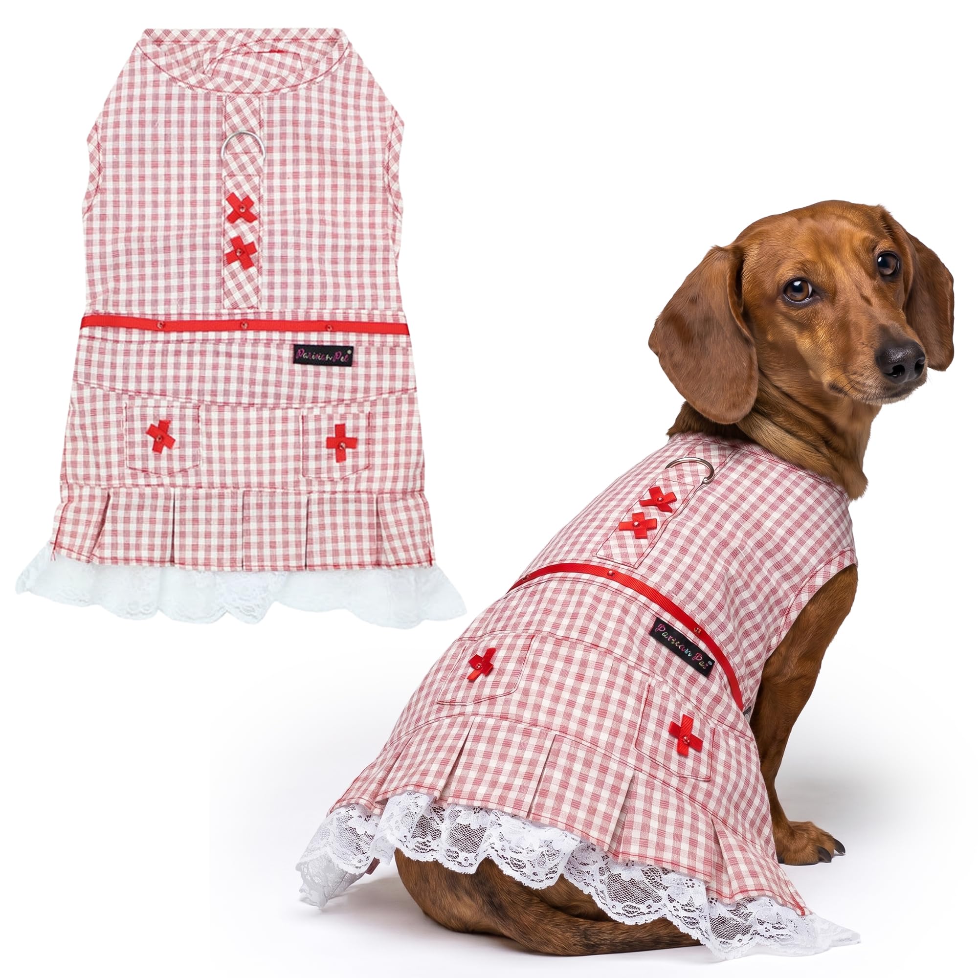 Parisian Pet Summer Dog Dress - Gingham Clothes for Large Dogs Girl - Countryside Pet Dress - Elegant Red Dog Outfit - Lightweight Puppy Clothes - Stylish Breathable Female Dresses for Dogs