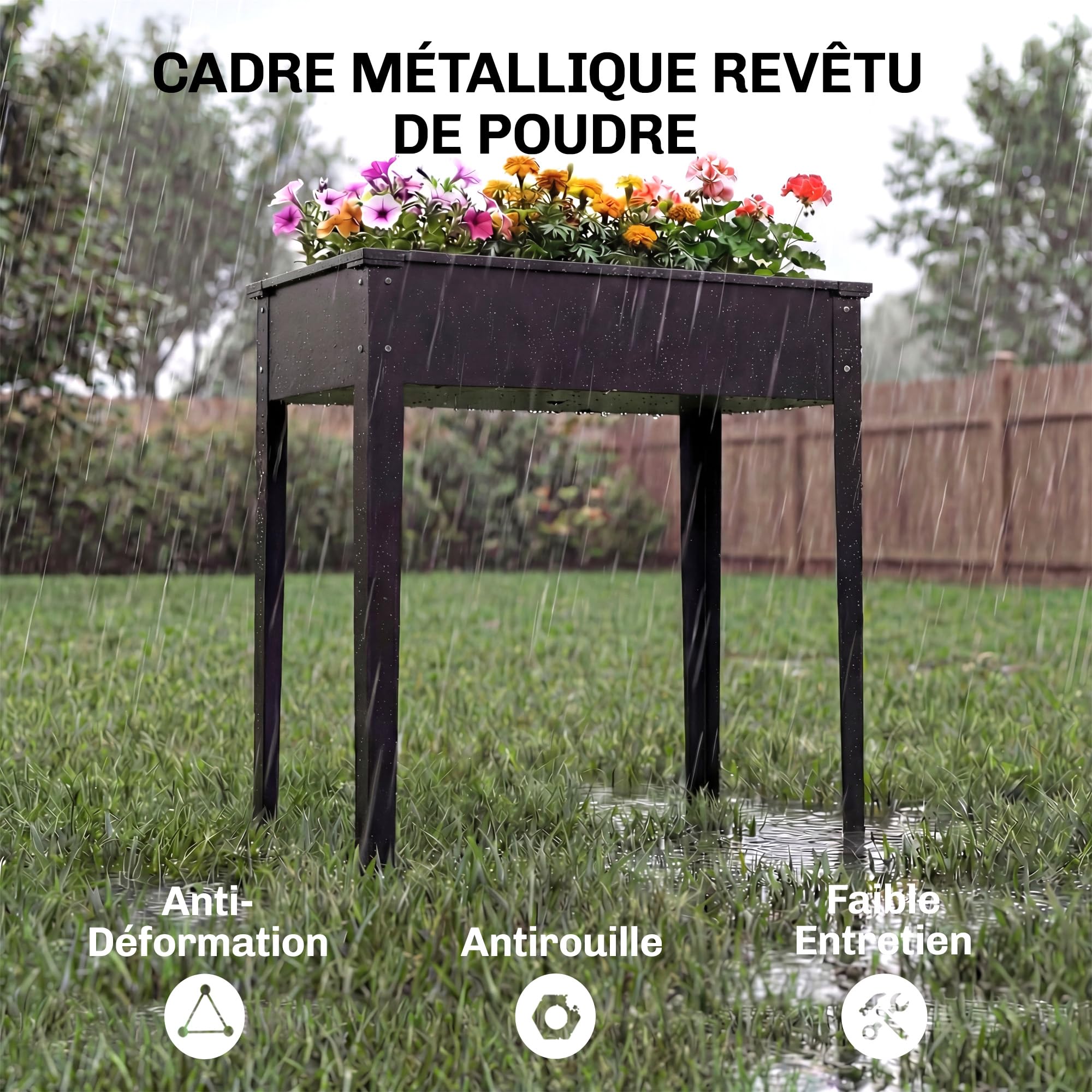 Outsunny Potager sur Pieds en Métal Trou de Drainage 100 x 40 x 80 cm Noir | Jardinière Surélevée 80L, avec Bords Arrondis, Carré Potager Surélevé pour Plantes Fleurs Légumes